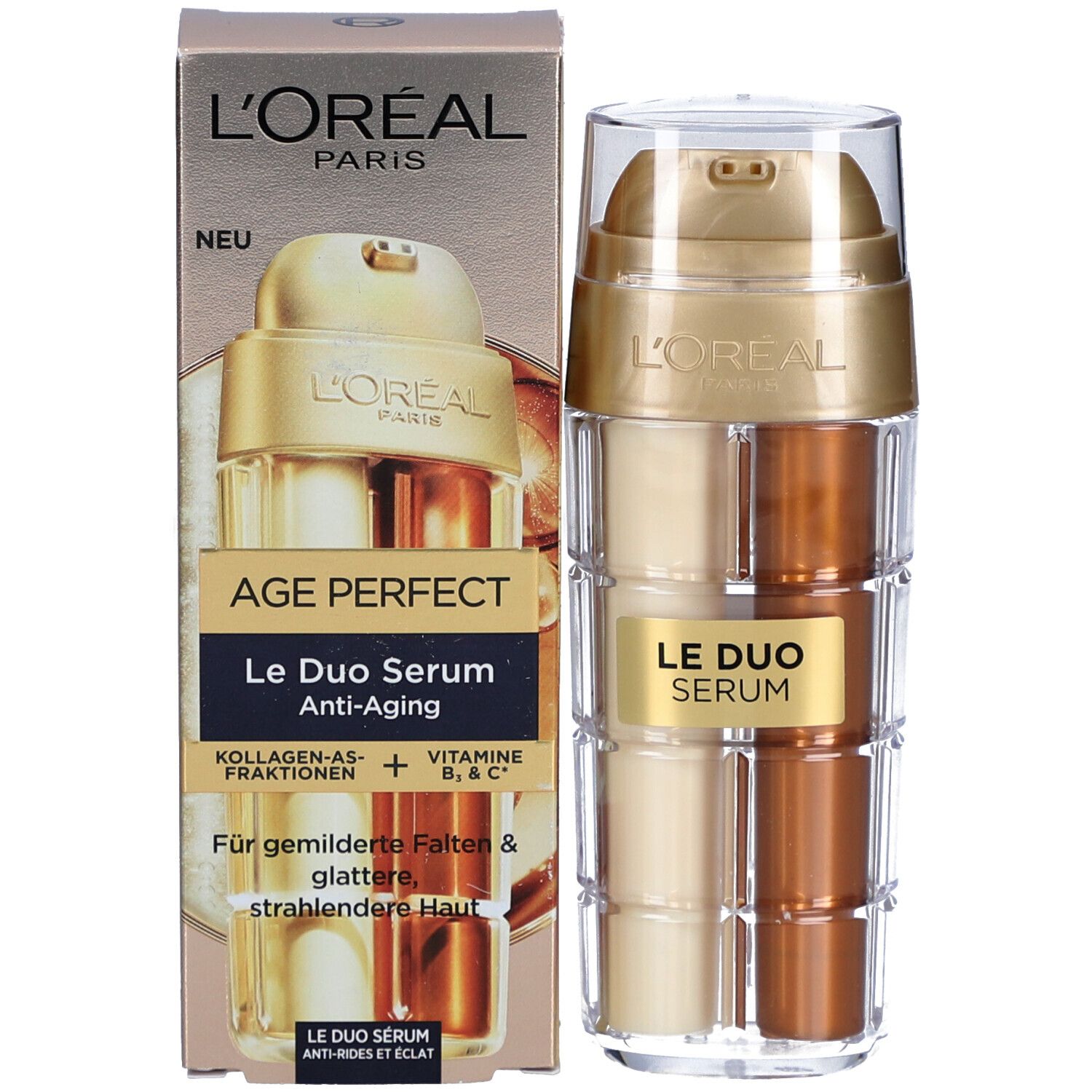 Emballage du produit avec flacon de sérum. Contient du texte : L'Oréal Paris, Age Perfect, Le Duo Serum Anti-Âge. Boîte avec image du produit.