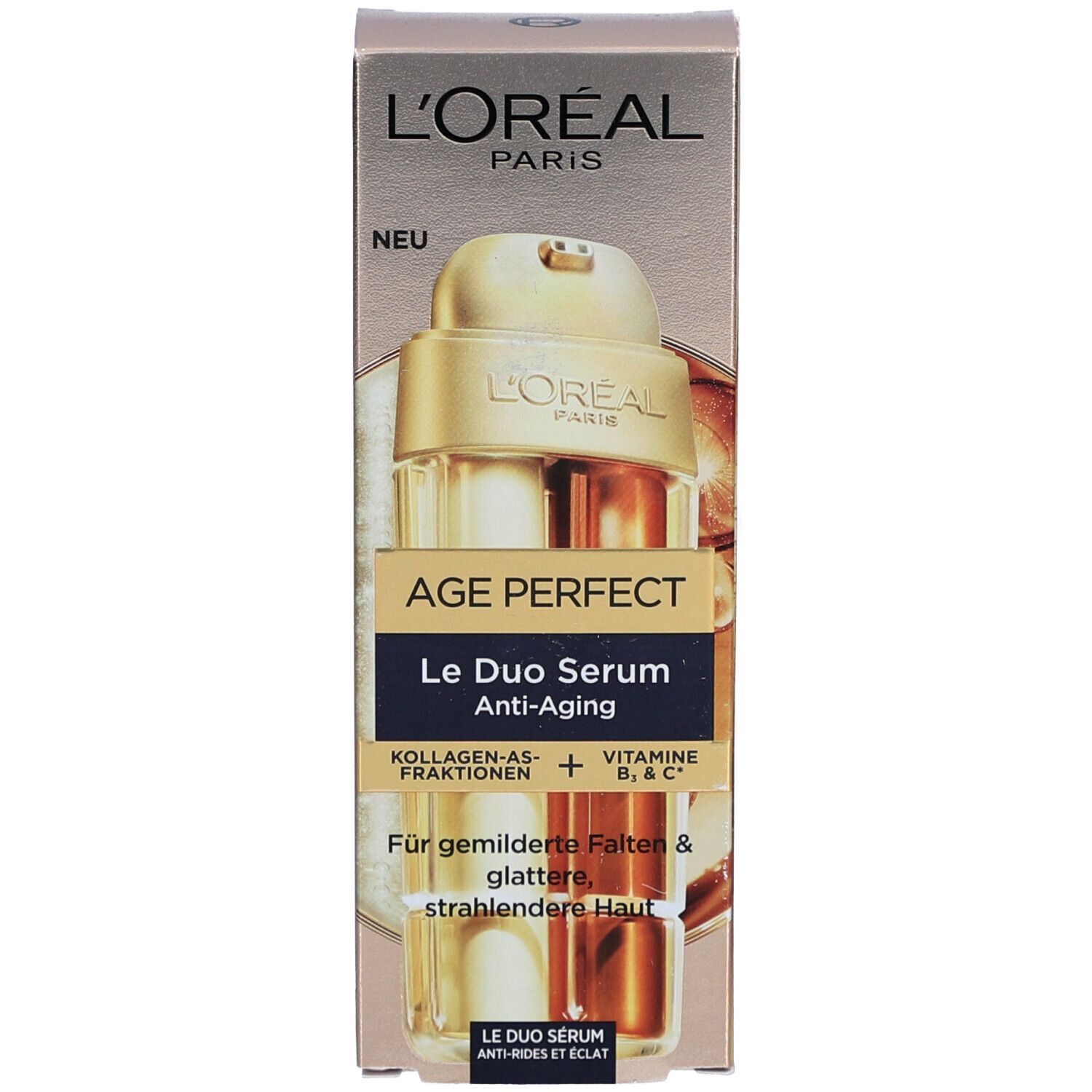 Emballage du produit avec flacon de sérum. Affiche du texte : L'Oréal Paris, Age Perfect, Le Duo Serum Anti-Âge. Boîte avec image du produit.