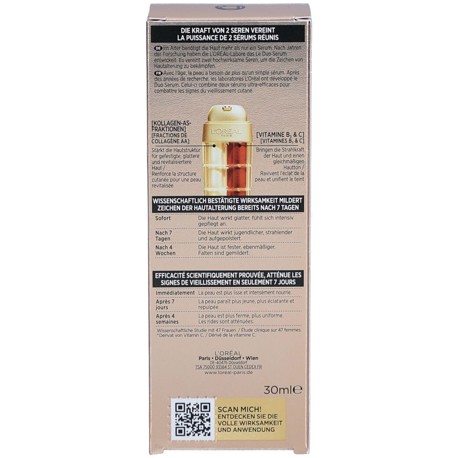 Dos de l'emballage du produit. Contient du texte sur les effets du sérum, les ingrédients et les résultats scientifiques. Fond beige.