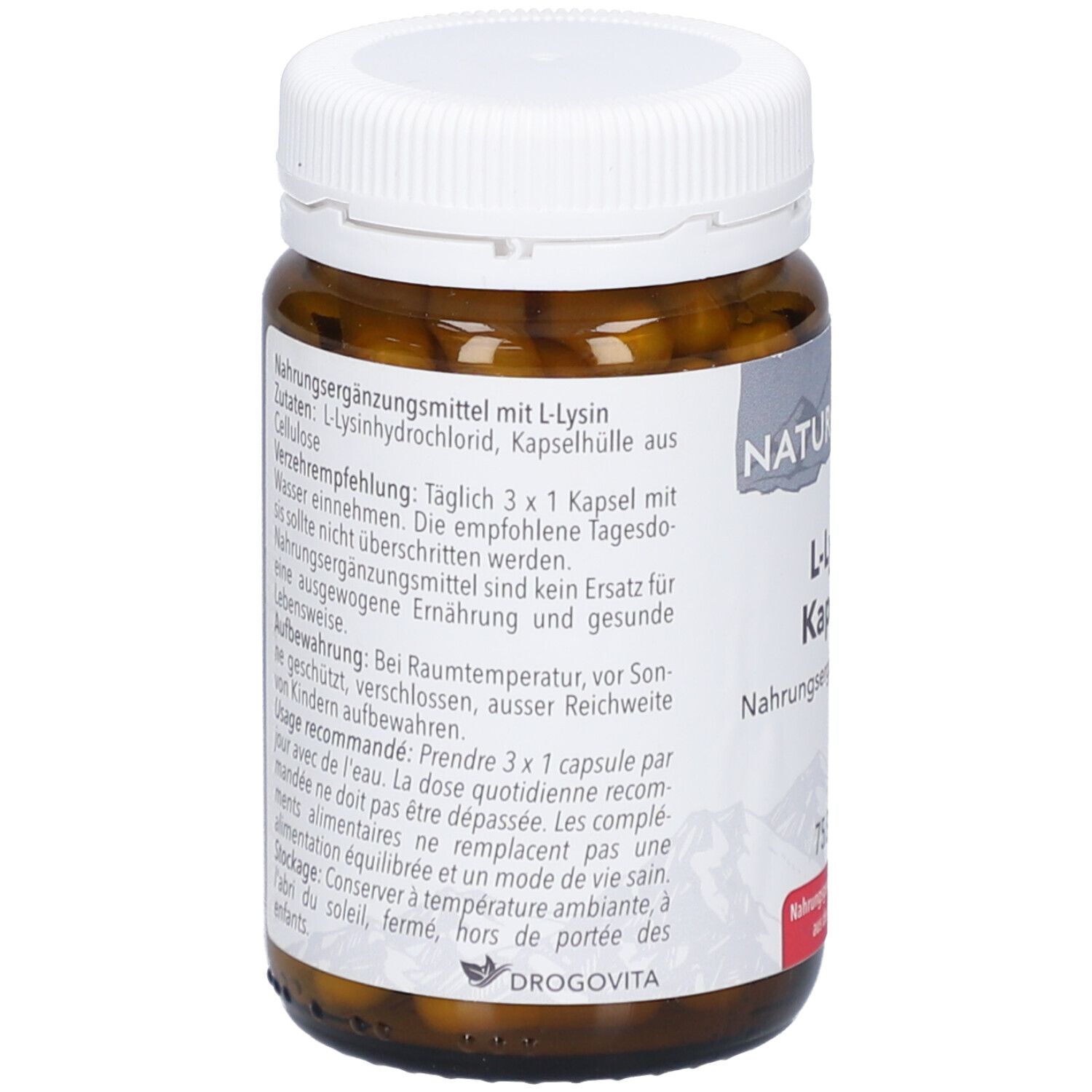 Rückseite der braunen Glasflasche mit weißen Deckel. Etikett mit Inhaltsstoffen und Verzehrempfehlung. Text in Deutsch und Französisch.