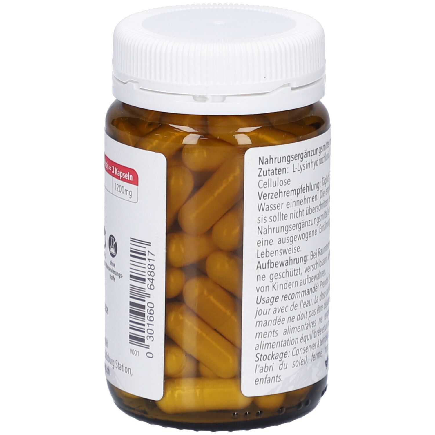 Braune Glasflasche mit weißen Deckel, gefüllt mit gelben Kapseln. Etikett mit Inhaltsstoffen und Verzehrempfehlung.