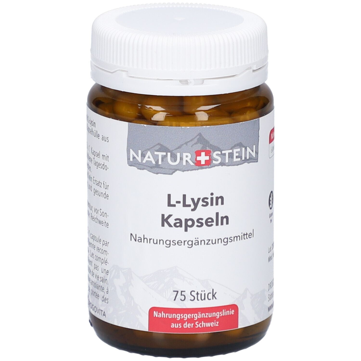Braune Glasflasche mit weißen Deckel. Etikett mit NATURSTEIN, L-Lysin Kapseln, 75 Stück. Nahrungsergänzungsmittel.