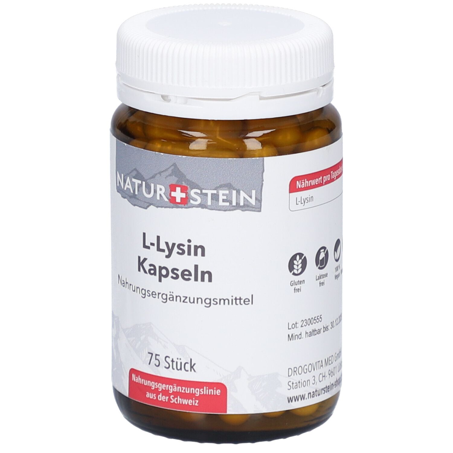 Braune Glasflasche mit weißen Deckel. Etikett mit NATURSTEIN, L-Lysin Kapseln, 75 Stück. Glutenfrei, laktosefrei, vegan.
