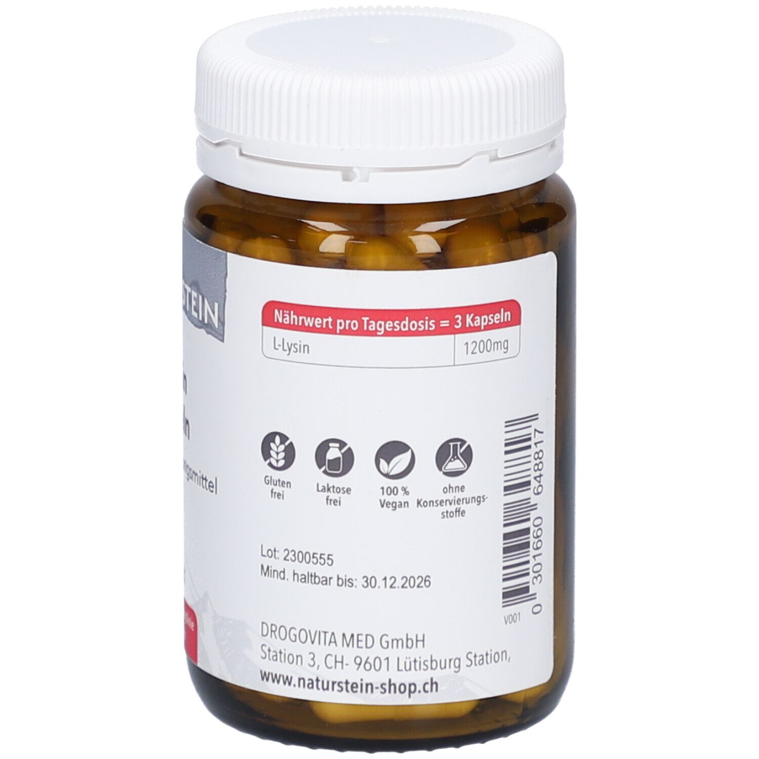 Rückseite der braunen Glasflasche mit weißen Deckel. Etikett mit Nährwertangaben, glutenfrei, laktosefrei, vegan. Mind. haltbar bis 30.12.2026.