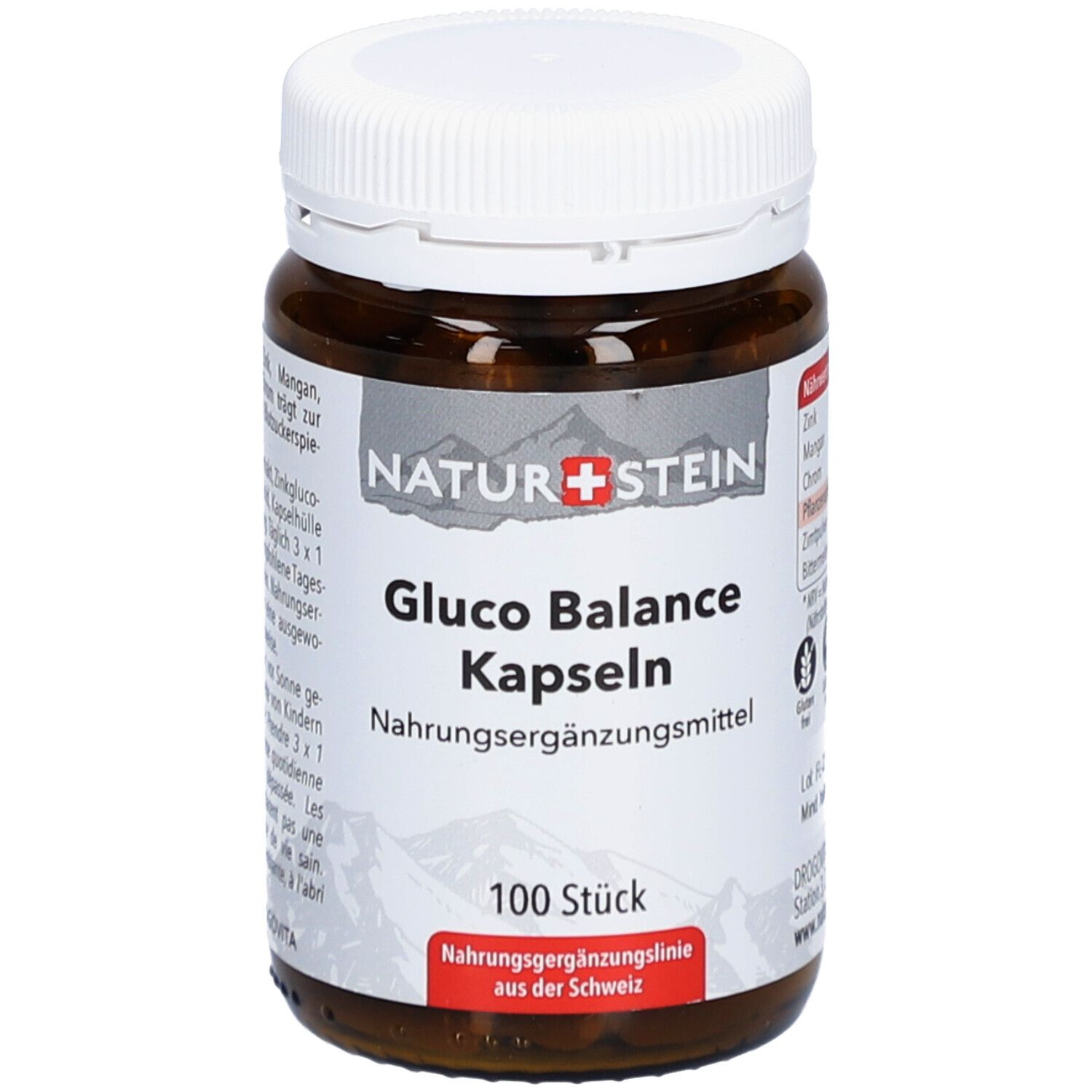 Braune Glasflasche mit weißem Deckel. Aufschrift: NATURSTEIN, Gluco Balance Kapseln, 100 Stück. Nahrungsergänzungsmittel.
