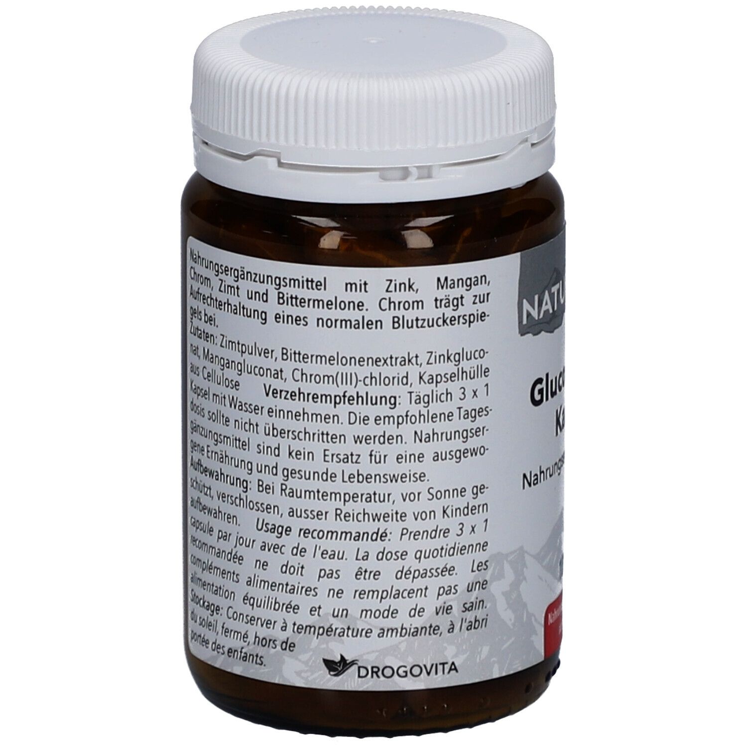 Rückseite der braunen Glasflasche mit weißem Deckel. Textinformationen, darunter Zutaten und Verzehrempfehlung. Marke: NATURSTEIN.