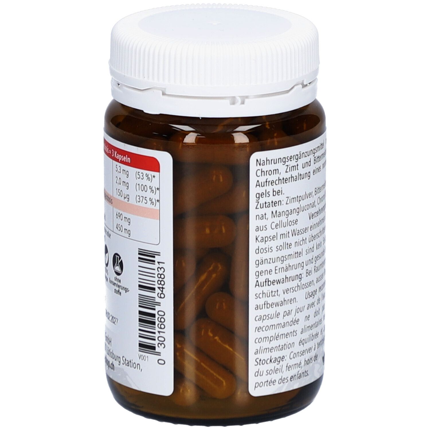 Braune Glasflasche mit weißen Deckel. Kapseln sichtbar. Aufschrift und Barcode. Nährwertangaben auf der Rückseite.