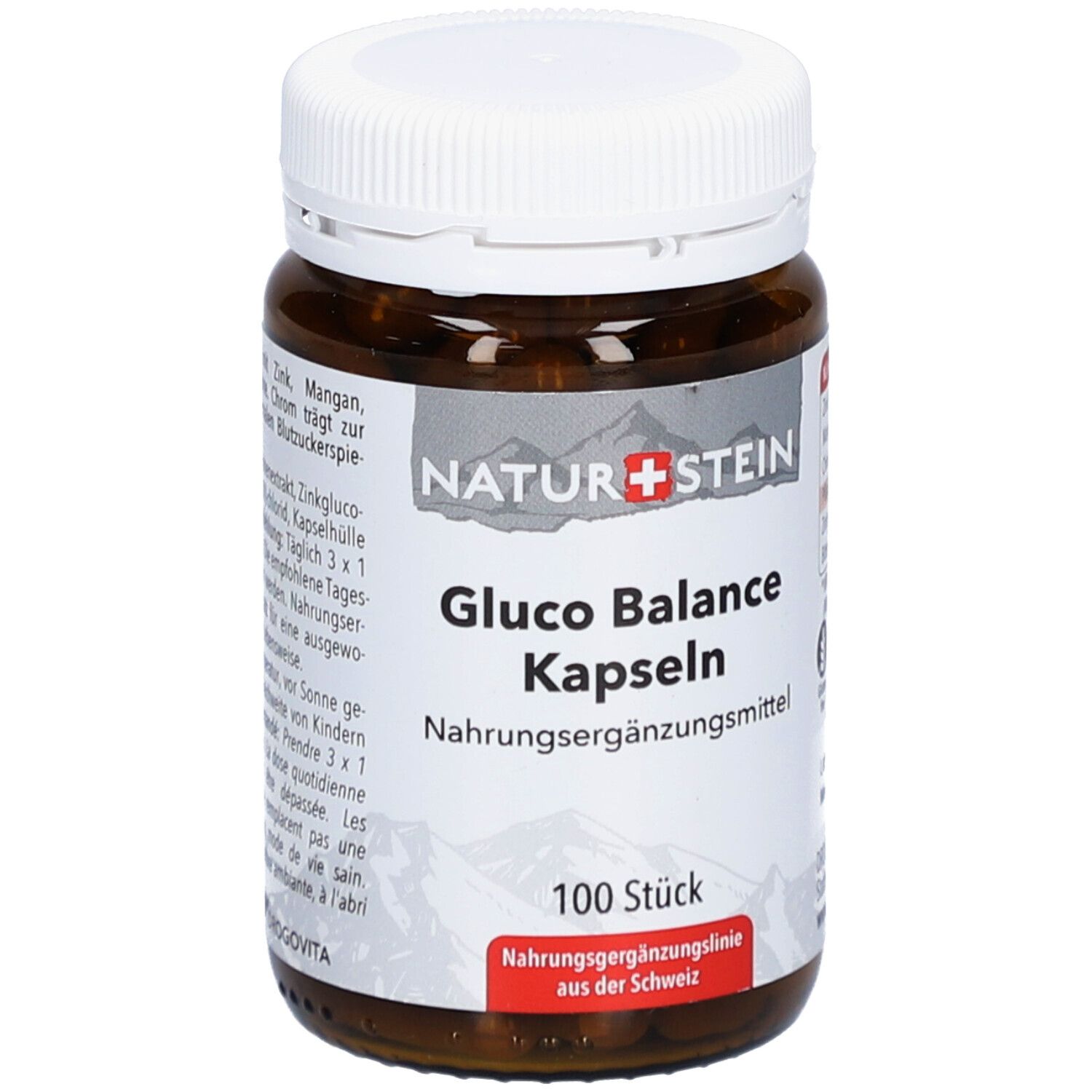 Braune Glasflasche mit weißem Deckel. Aufschrift: NATURSTEIN, Gluco Balance Kapseln, 100 Stück. Nahrungsergänzungsmittel.