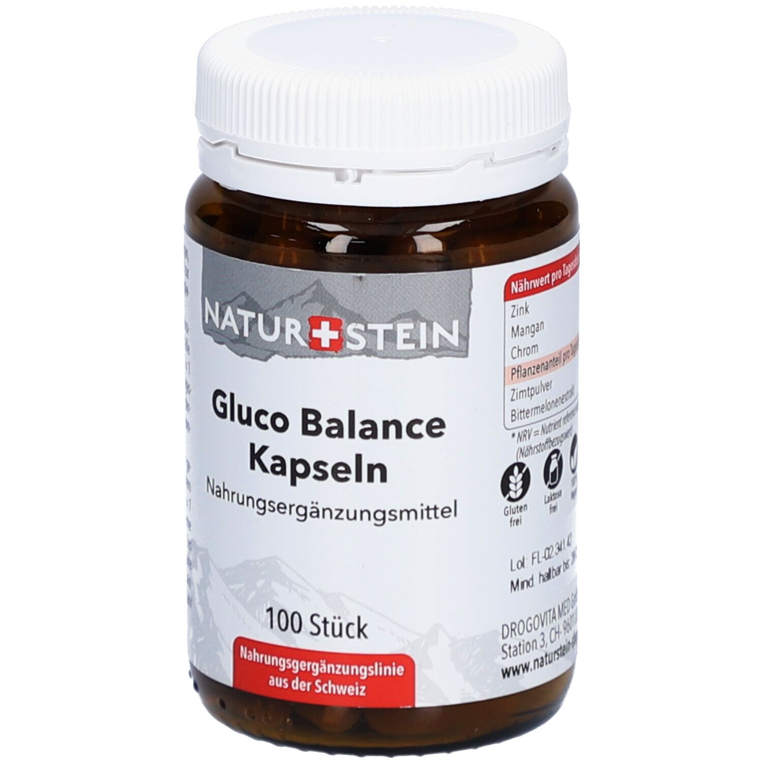 Braune Glasflasche mit weißem Deckel. Aufschrift: NATURSTEIN, Gluco Balance Kapseln, 100 Stück. Nahrungsergänzungsmittel. Glutenfrei.