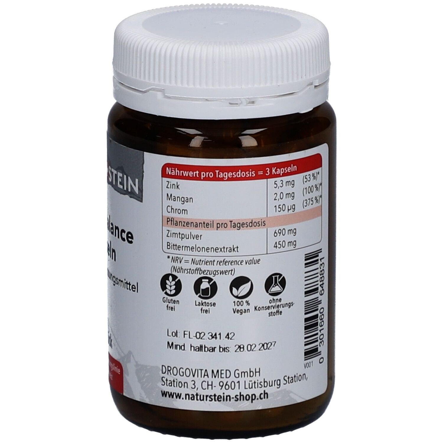 Rückseite der Flasche. Nährwertangaben, Zutaten, Glutenfrei, Laktosefrei, Vegan. Mindesthaltbarkeitsdatum: 28.02.2027.