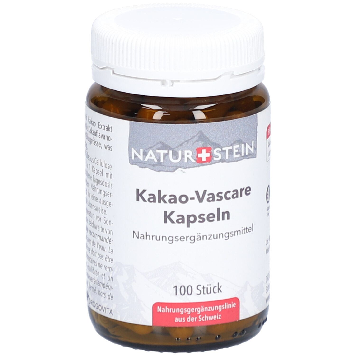 Braune Glasflasche mit weißen Deckel. Etikett mit Produktnamen, Marke NATURSTEIN und 100 Kapseln. Nahrungsergänzungsmittel.