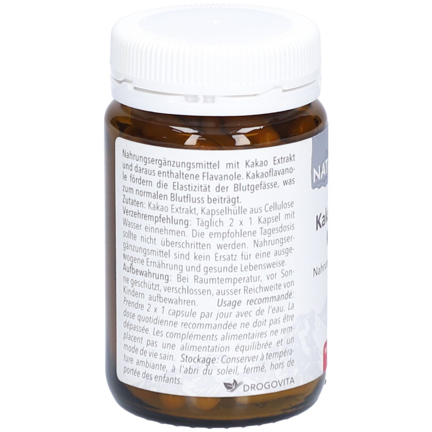 Rückansicht der braunen Glasflasche mit weißem Deckel. Etikett mit Produktinformationen und Inhaltsstoffen. Nahrungsergänzungsmittel.