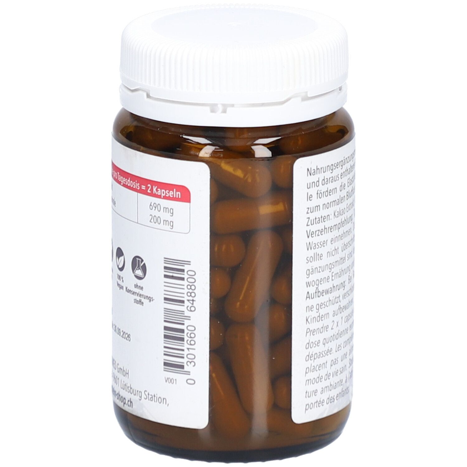 Braune Kapseln in einer braunen Glasflasche mit weißem Deckel. Etikett mit Dosierungsinformationen und Barcode.