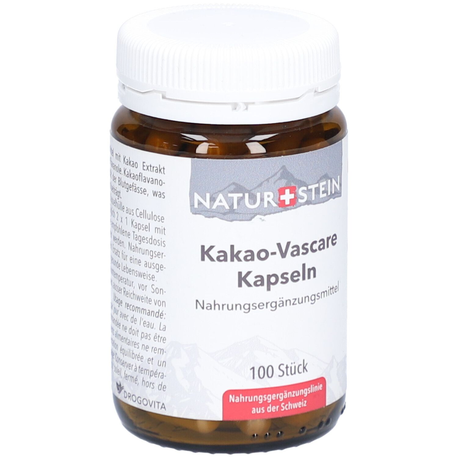 Braune Glasflasche mit weißem Deckel. Etikett mit Produktnamen, Marke NATURSTEIN und 100 Kapseln. Nahrungsergänzungsmittel.