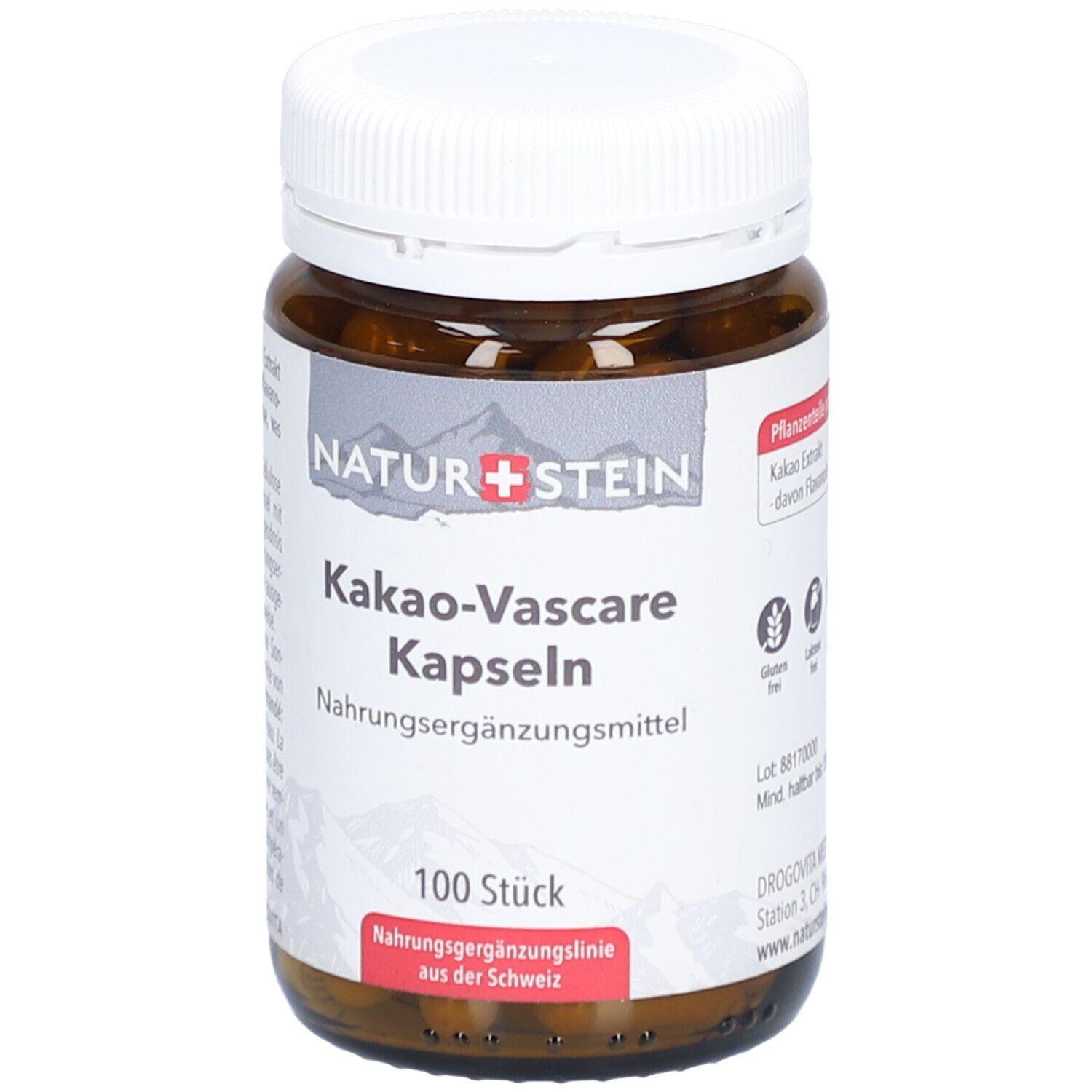 Braune Glasflasche mit weißem Deckel. Etikett mit Produktnamen, Marke NATURSTEIN und 100 Kapseln. Nahrungsergänzungsmittel.