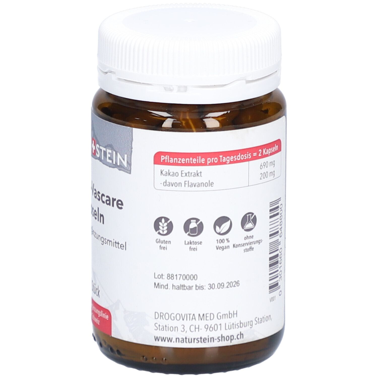 Rückansicht der braunen Glasflasche mit weißem Deckel. Etikett mit Produktinformationen, Inhaltsstoffen und Zertifizierungen.