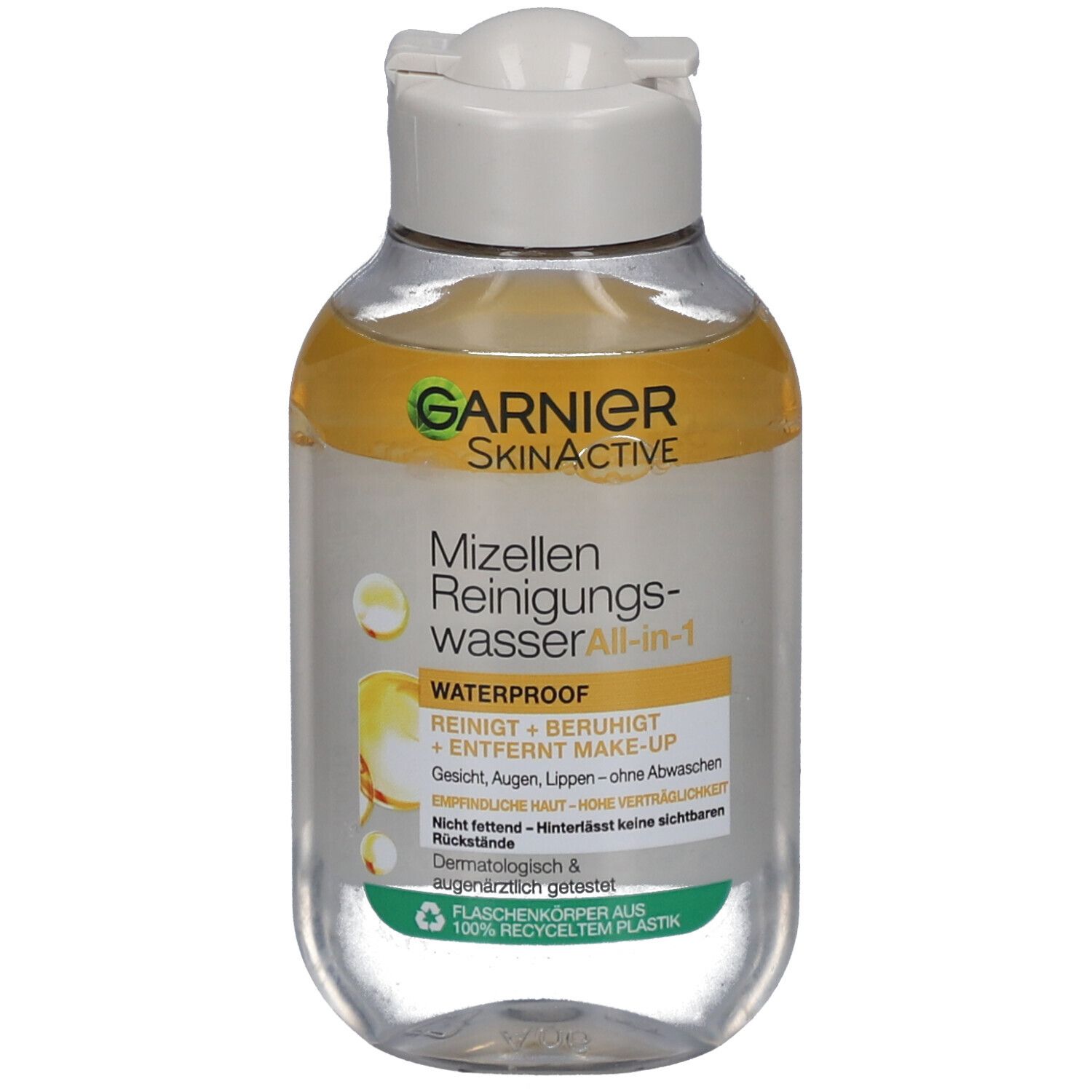 Garnier Mizellen Reinigungswasser All-in-1. Transparente Flasche mit weißem Deckel. Text: Waterproof, reinigt + beruhigt, entfernt Make-up.