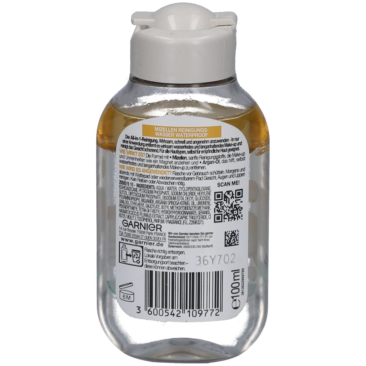 Rückseite der Garnier Mizellen Reinigungswasser Flasche. Text und QR-Code. 100ml. 36Y702. Flasche aus 100% recyceltem Plastik.