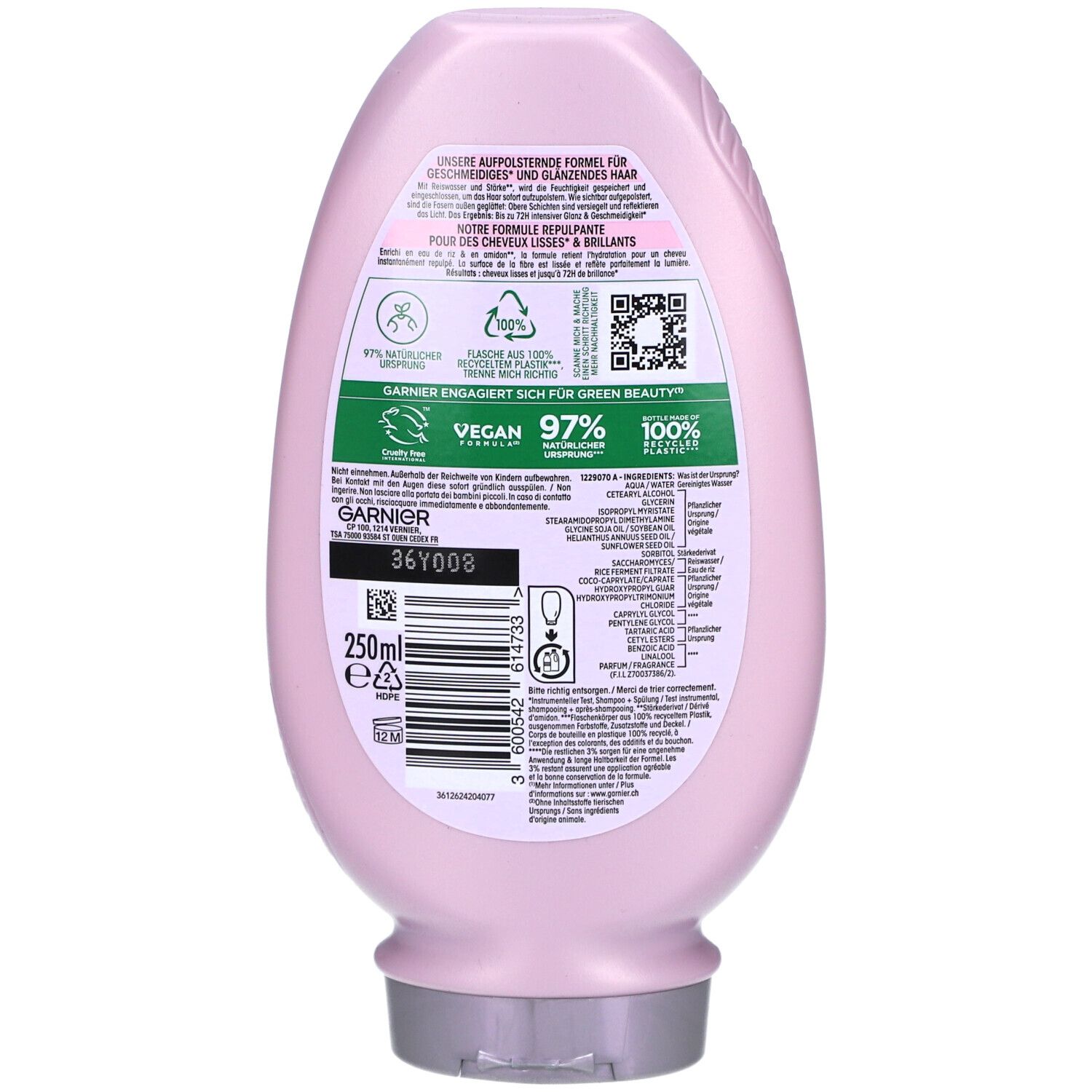 Dos du flacon rose Garnier Ultra Doux. Texte, ingrédients, QR code, 250ml, Vegan, 97% naturel, 100% recyclable.