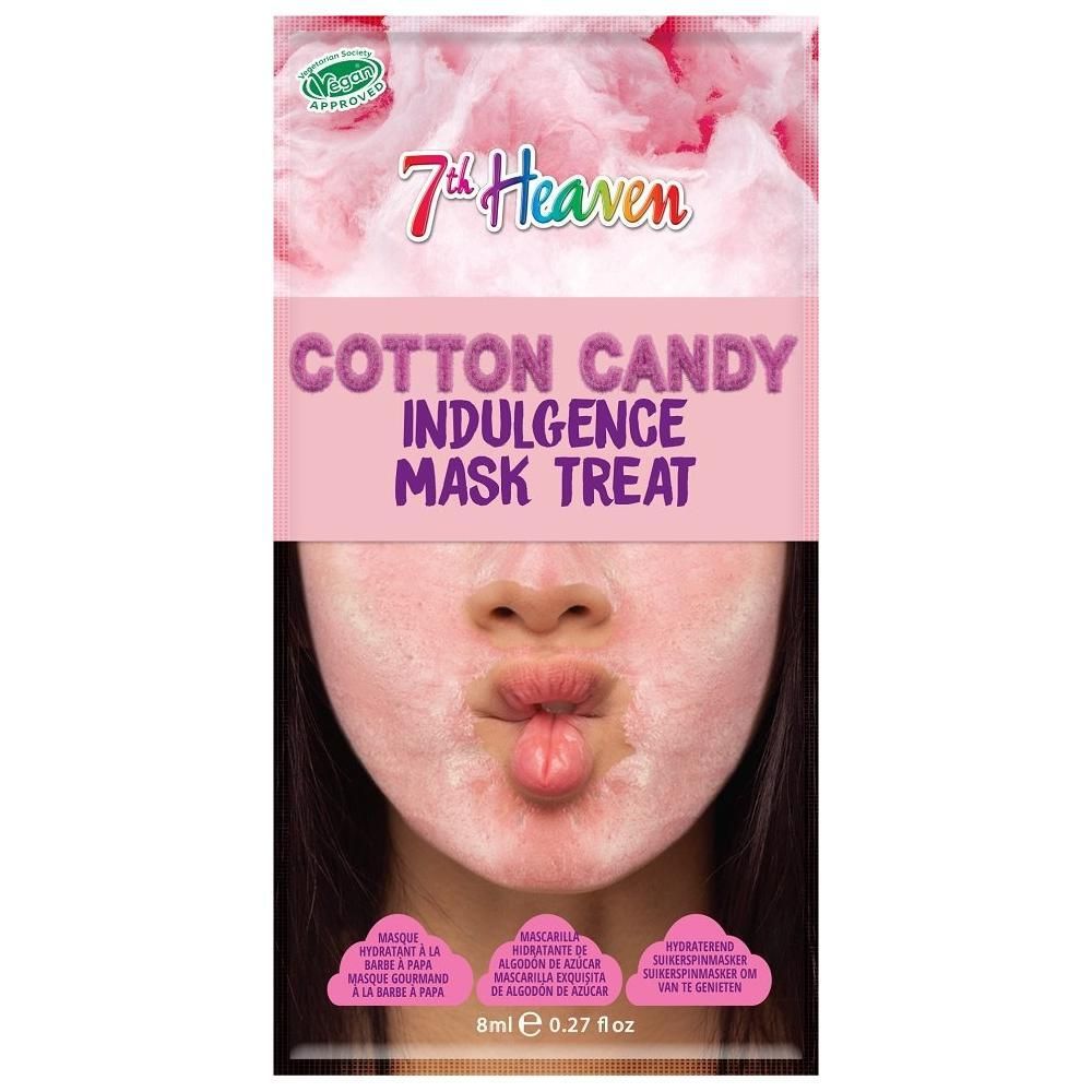 7th Heaven Cotton Candy Gesichtsmaske mit Zuckerwatte-Motiv und einer Frau mit Maske.
