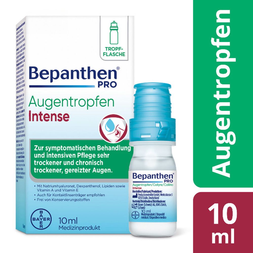 Frau mit Produkt und Verpackung. Produktname und Logo. 10ml. Text: Linderung bei trockenen Augen.