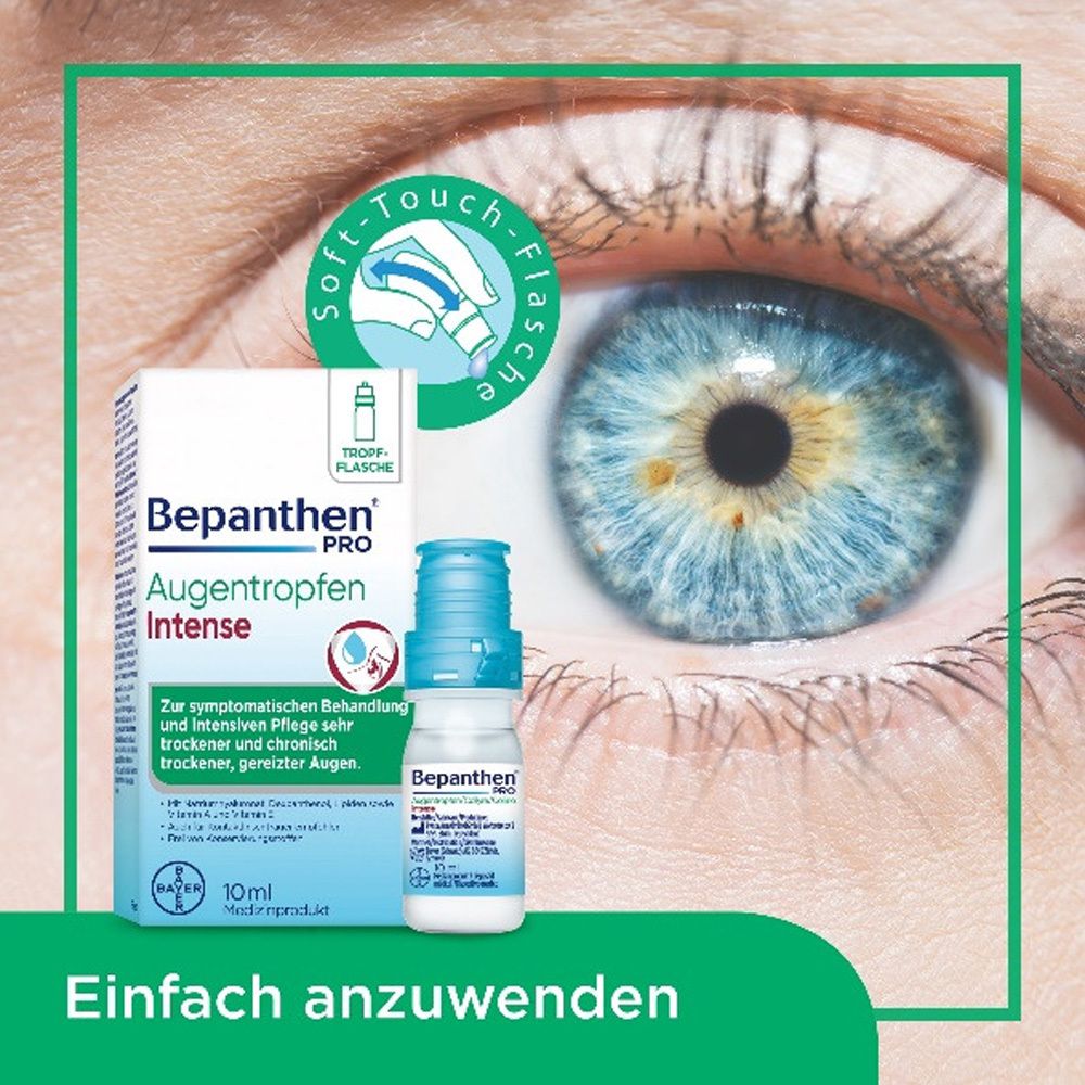 Auge mit Produkt und Verpackung. Produktname und Logo. 10ml. Text: Einfache Anwendung.