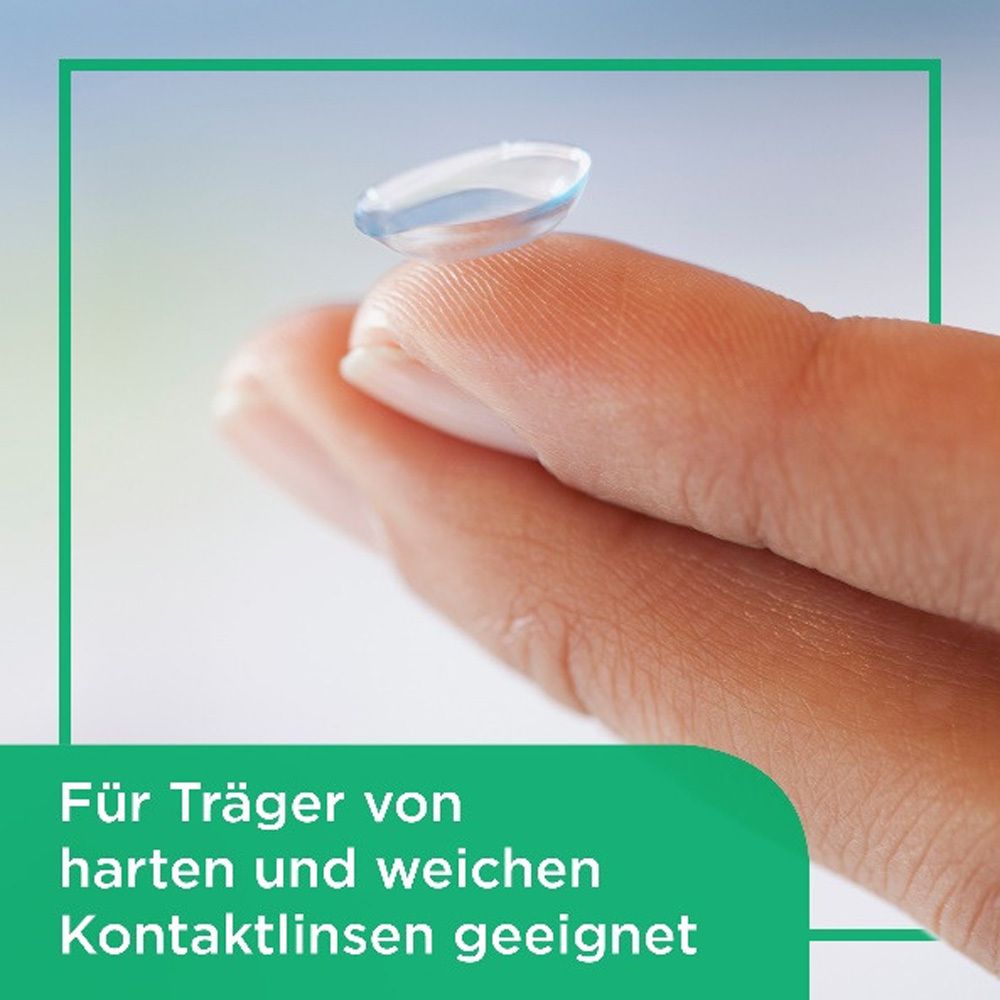 Grafik mit Wirkstoffen. Hyaluronsäure und Dexpanthenol. Text: Stabilisiert den Tränenfilm.