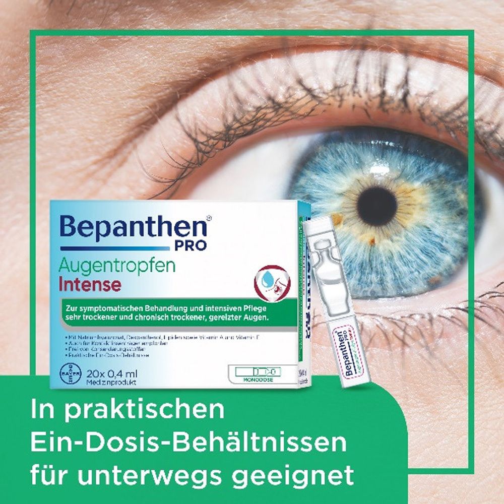 Frau berührt Auge. Bepanthen® Pro Augentropfen Intense. Packung und Einzeldosis. Für trockene Augen.