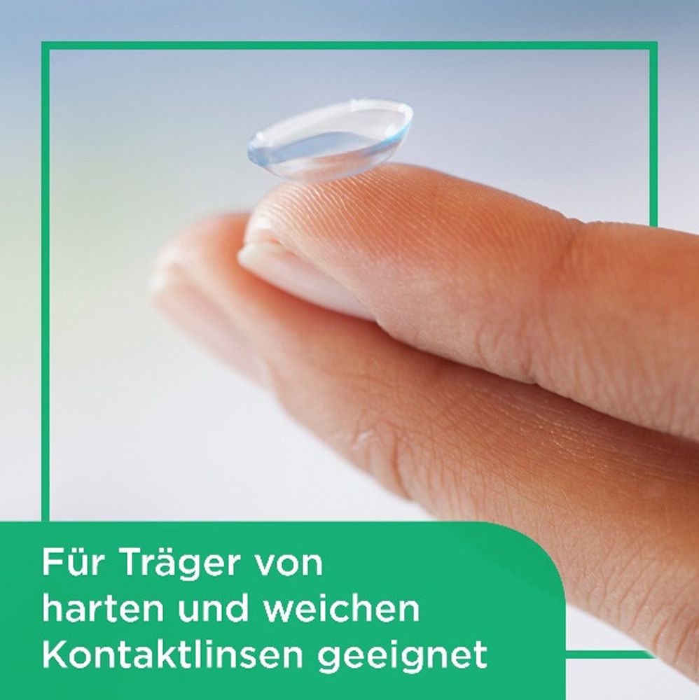 Auge mit Bepanthen® Pro Augentropfen Intense. Packung und Einzeldosis. Praktische Einzeldosen.