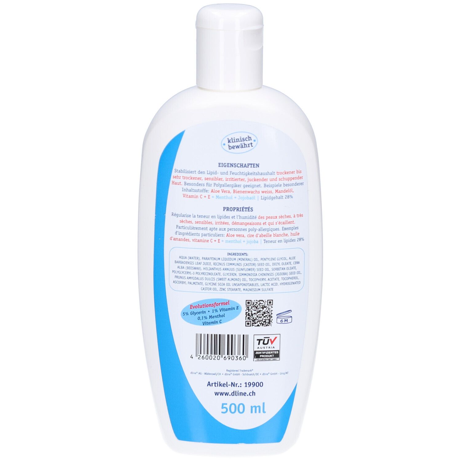 Rückseite der weißen Flasche. Text: Eigenschaften, Inhaltsstoffe, Artikel-Nr. 19900, www.dline.ch. TÜV-Logo.