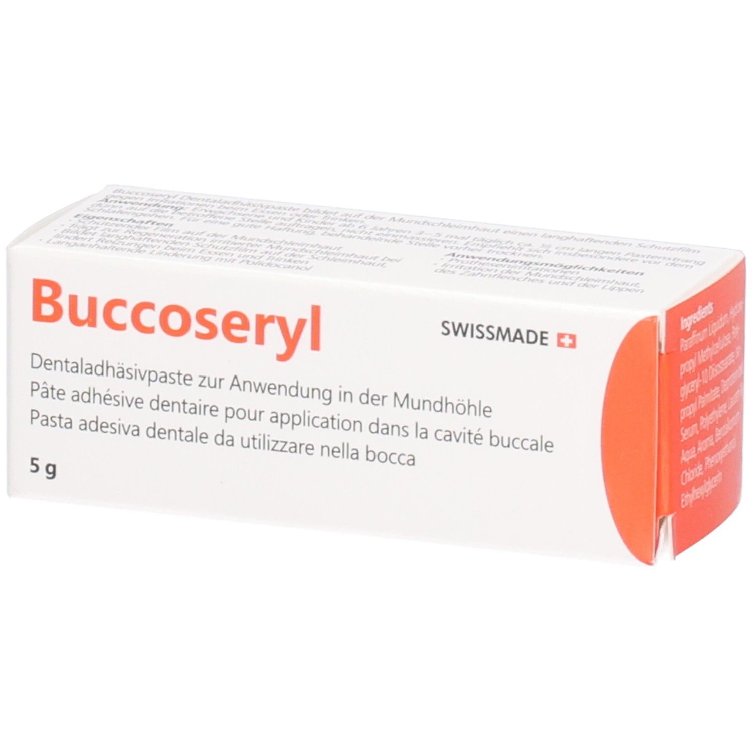 Karton mit Aufschrift Buccoseryl, Dentaladhäsivpaste, 5 g. Swissmade. Roter Akzent.