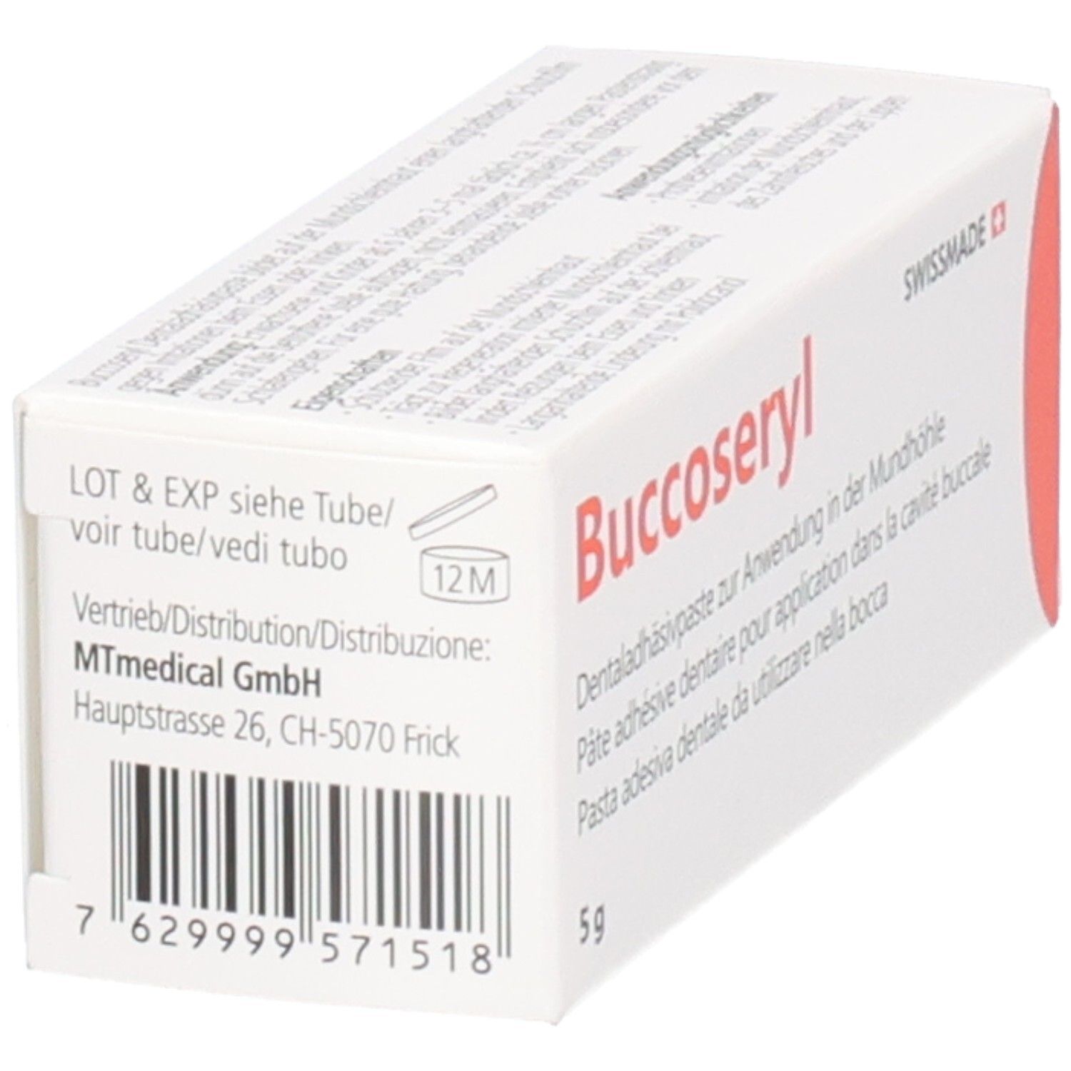 Karton, Rückseite. Text in Deutsch, Französisch, Italienisch. Barcode. 12M Symbol.