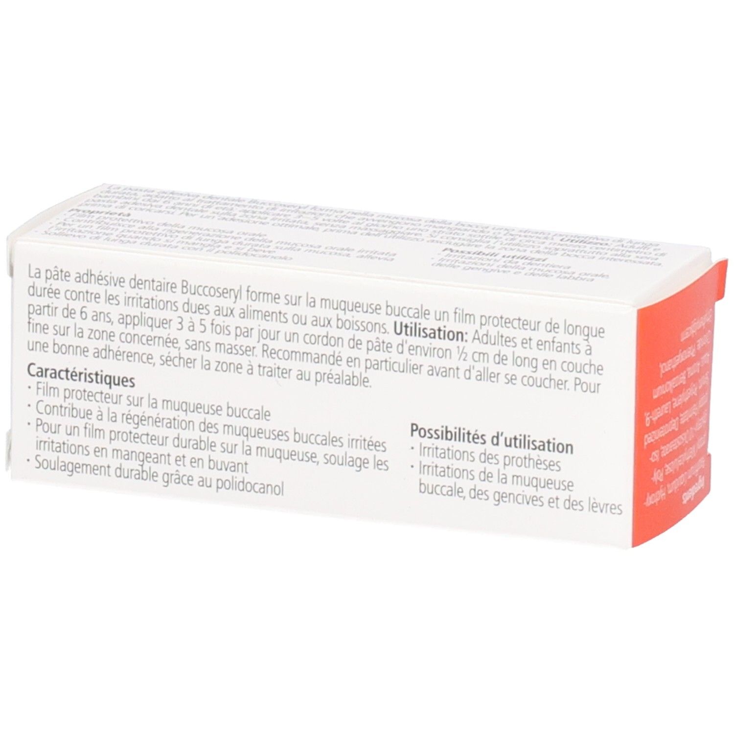 Karton, Rückseite. Text in Deutsch, Französisch, Italienisch. Barcode. 12M Symbol.