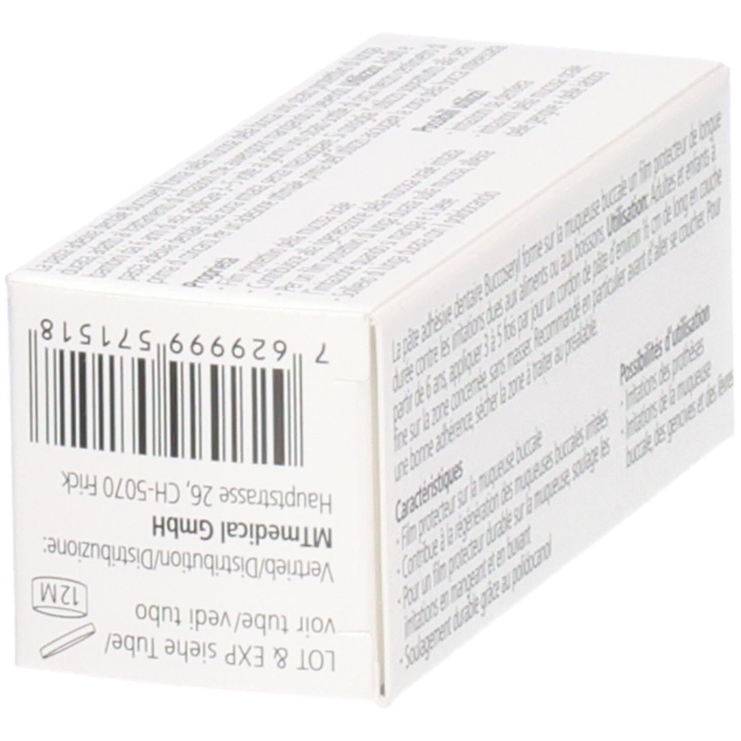 Karton, Rückseite. Text in Deutsch, Französisch, Italienisch. Barcode. 12M Symbol.