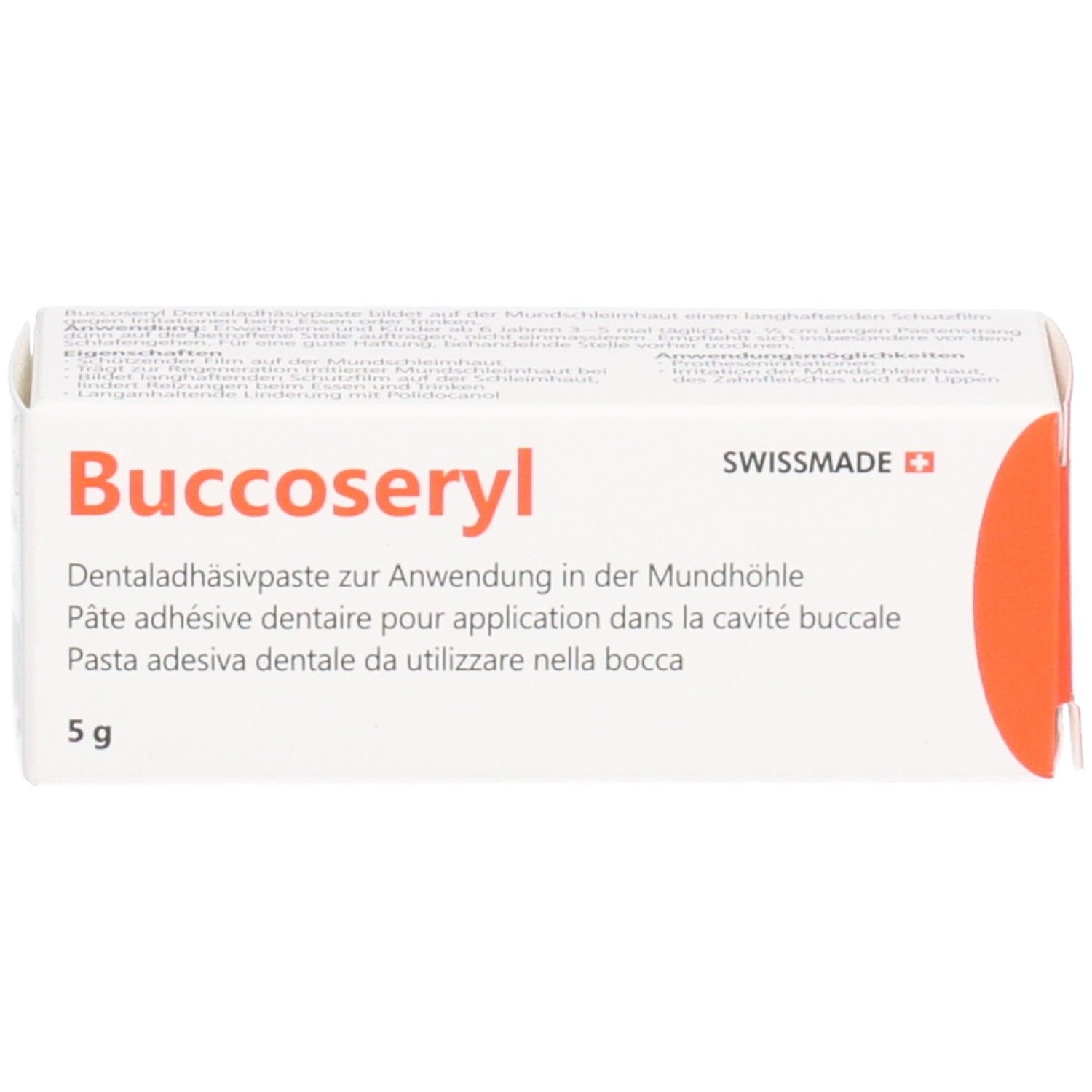 Karton mit Aufschrift Buccoseryl, Dentaladhäsivpaste, 5 g. Swissmade. Roter Akzent.