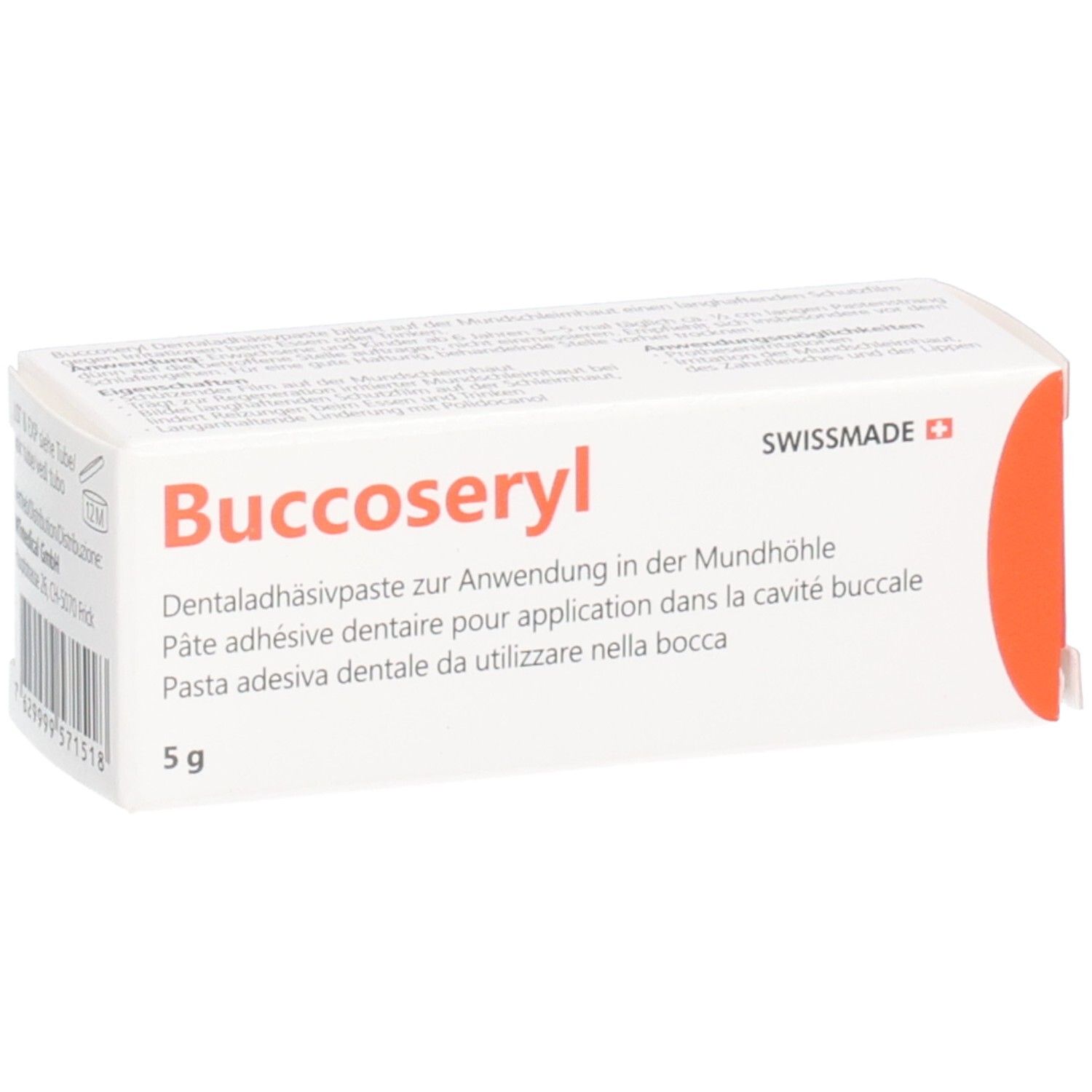 Karton mit Aufschrift Buccoseryl, Dentaladhäsivpaste, 5 g. Swissmade. Roter Akzent.