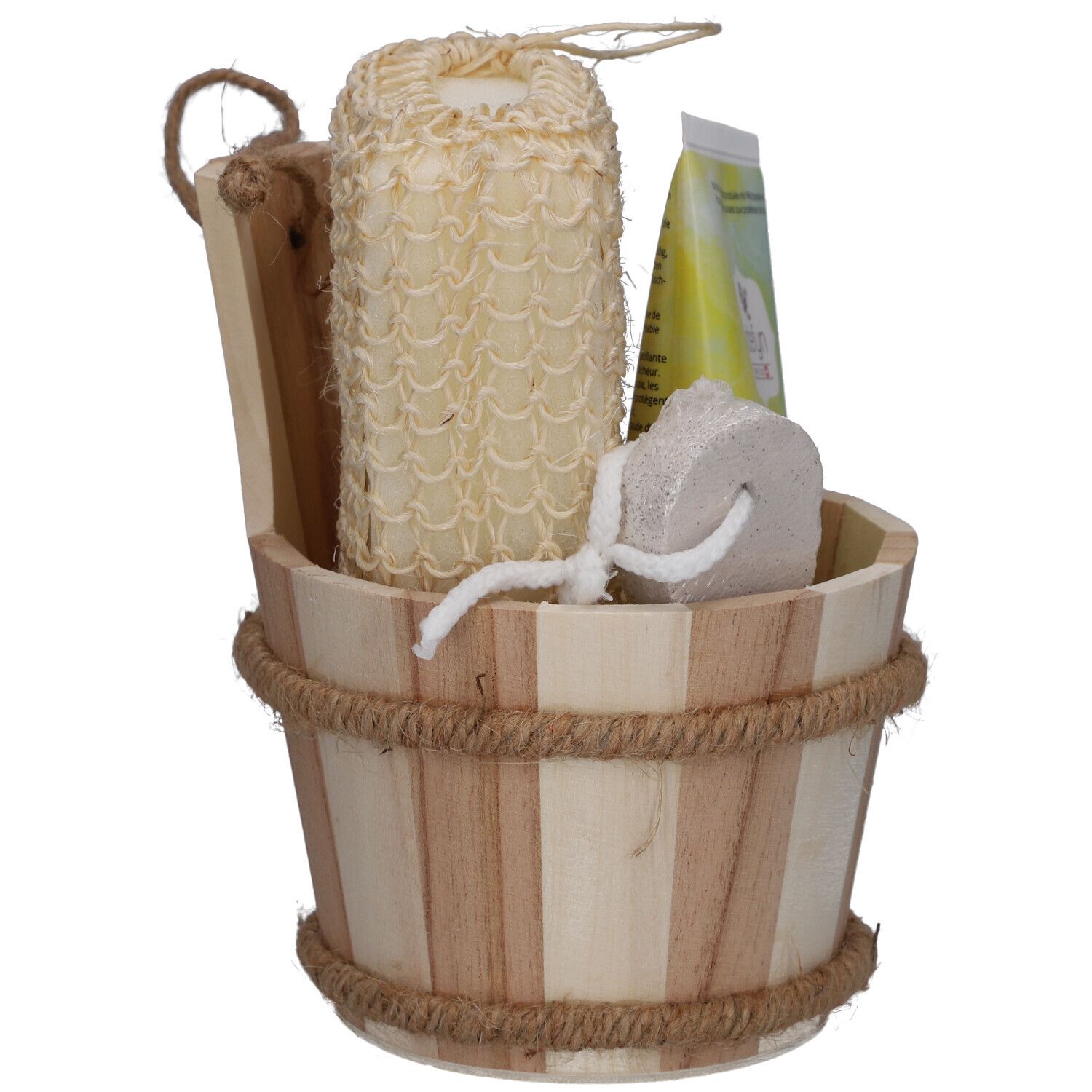 Holzkübel mit Badeutensilien: Schwamm, Bimsstein, Duschgel. Produktname: sidefyn. Schweizer Kosmetik.
