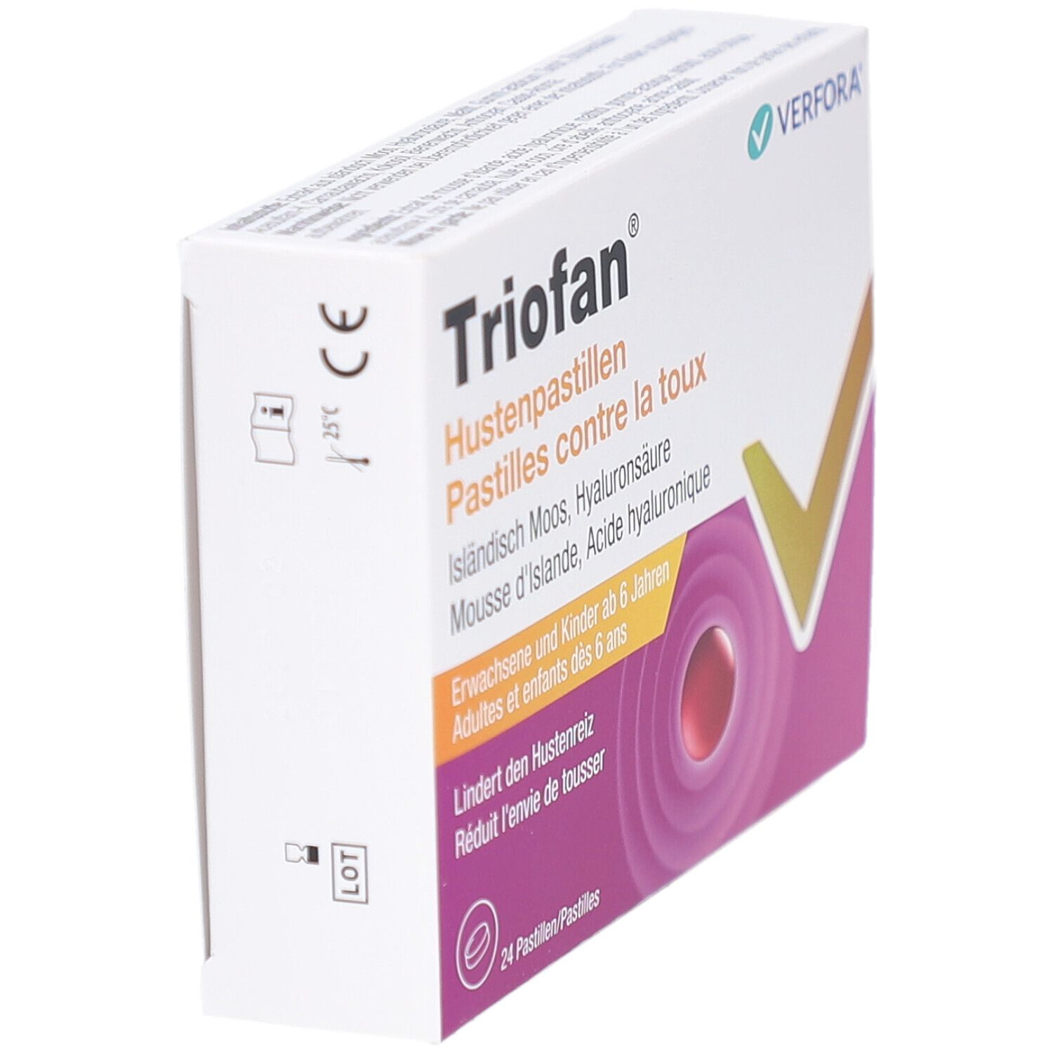 TrioFan Hustenpastillen-Verpackung. Seitenansicht mit Logo, Inhaltsangaben und CE-Kennzeichnung.