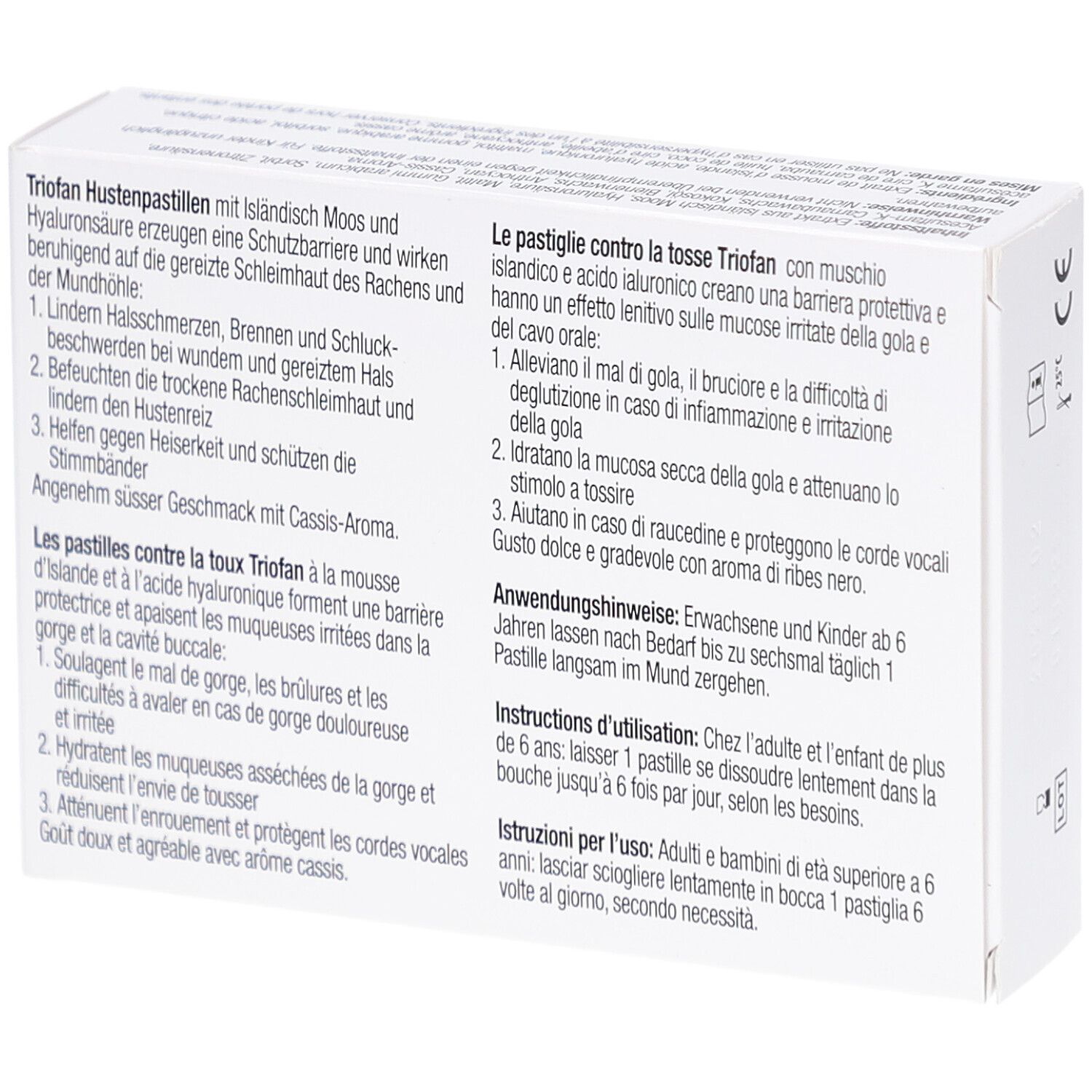 Rückseite der TrioFan Hustenpastillen-Verpackung. Text in Deutsch, Französisch und Italienisch.