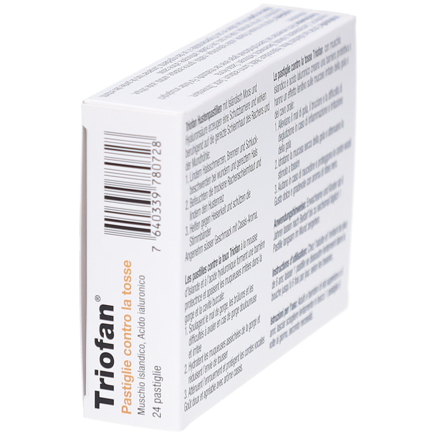 TrioFan Hustenpastillen-Verpackung. Rückseite mit Barcode und Text in Deutsch und Französisch.