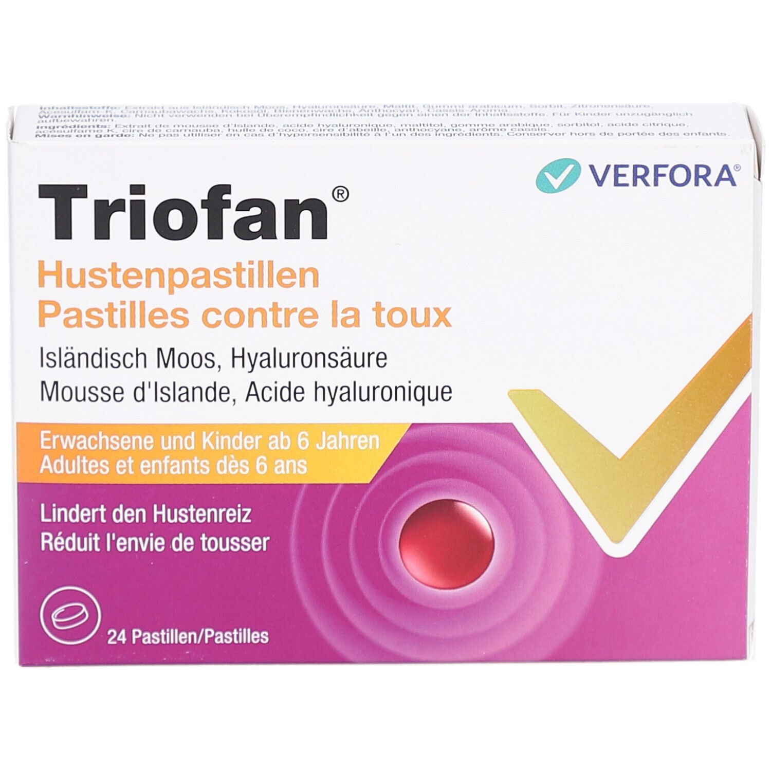 TrioFan Hustenpastillen-Verpackung. Vorderansicht mit Logo, Inhaltsangaben und 24 Pastillen.