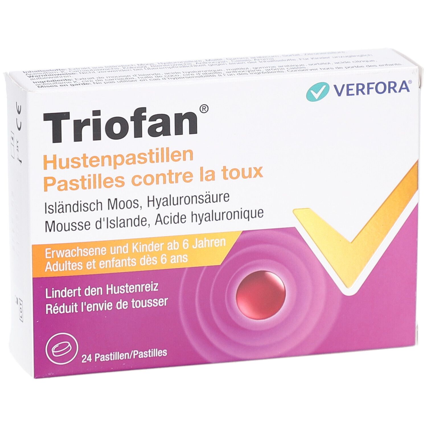 TrioFan Hustenpastillen-Verpackung. Vorderansicht mit Logo, Inhaltsangaben und 24 Pastillen.