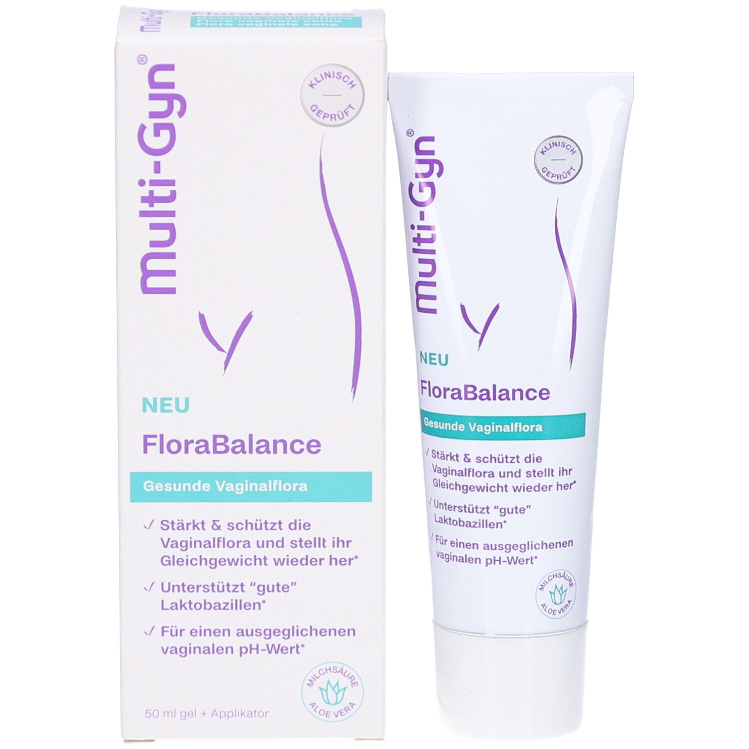 Produktverpackung mit Tube und Karton. Beide mit Multi-Gyn, FloraBalance. Klinisch geprüft. Aloe Vera Logo. 50 ml + Applikator.
