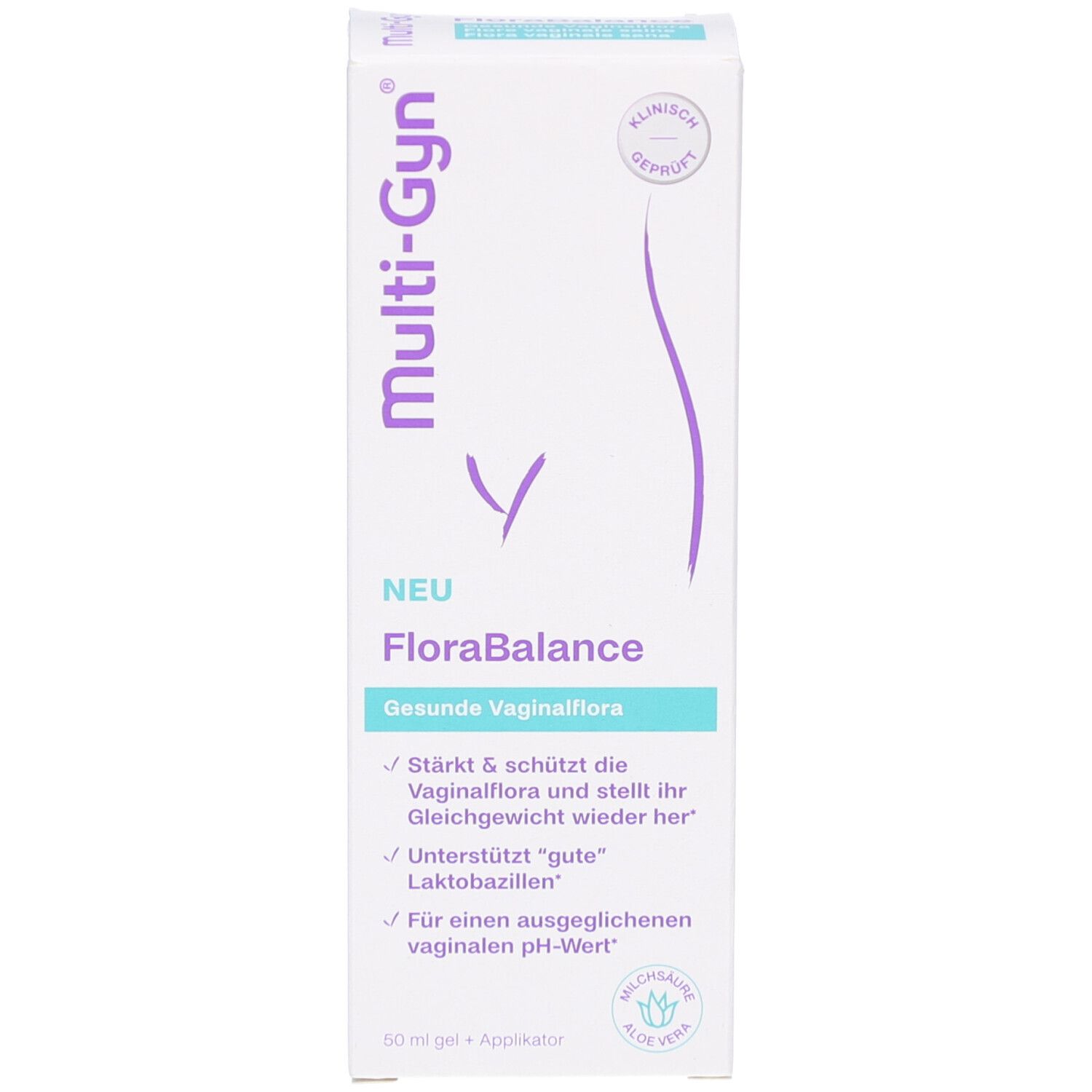 Kartonverpackung mit Multi-Gyn, FloraBalance. Klinisch geprüft. Produktname, grüne Akzente. Aloe Vera Logo. 50 ml + Applikator.