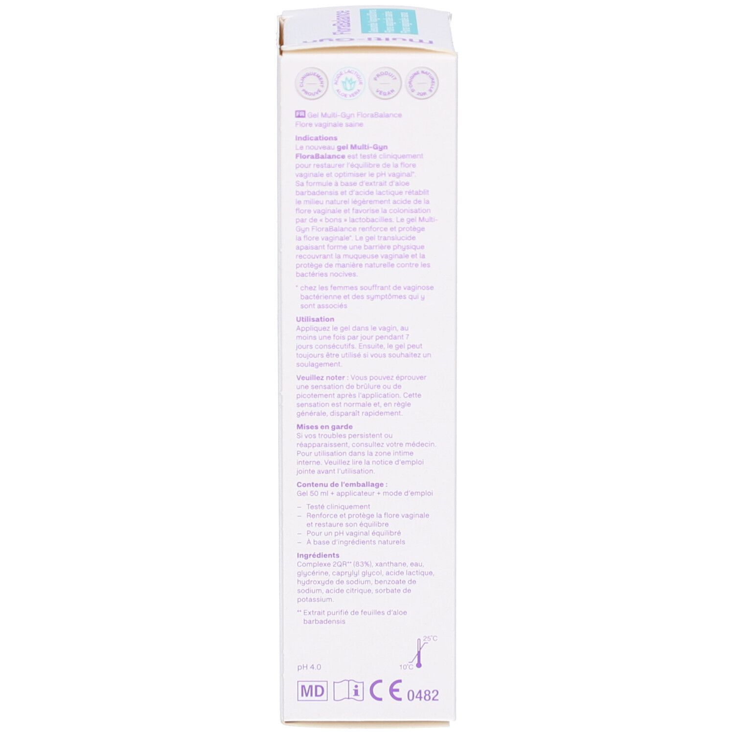 Rückseite der Kartonverpackung. Text in mehreren Sprachen. Produktinformationen, Inhaltsstoffe, CE-Kennzeichnung.