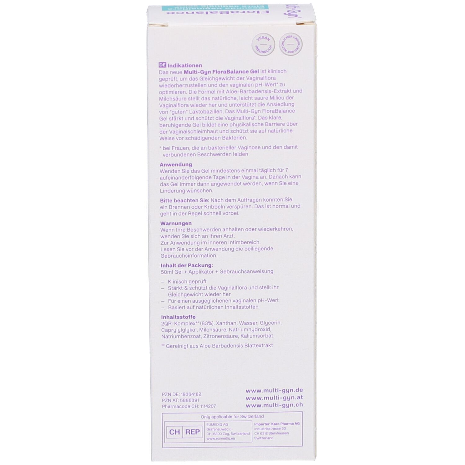 Rückseite der Kartonverpackung. Text in mehreren Sprachen. Produktinformationen, Anwendung, Inhaltsstoffe.