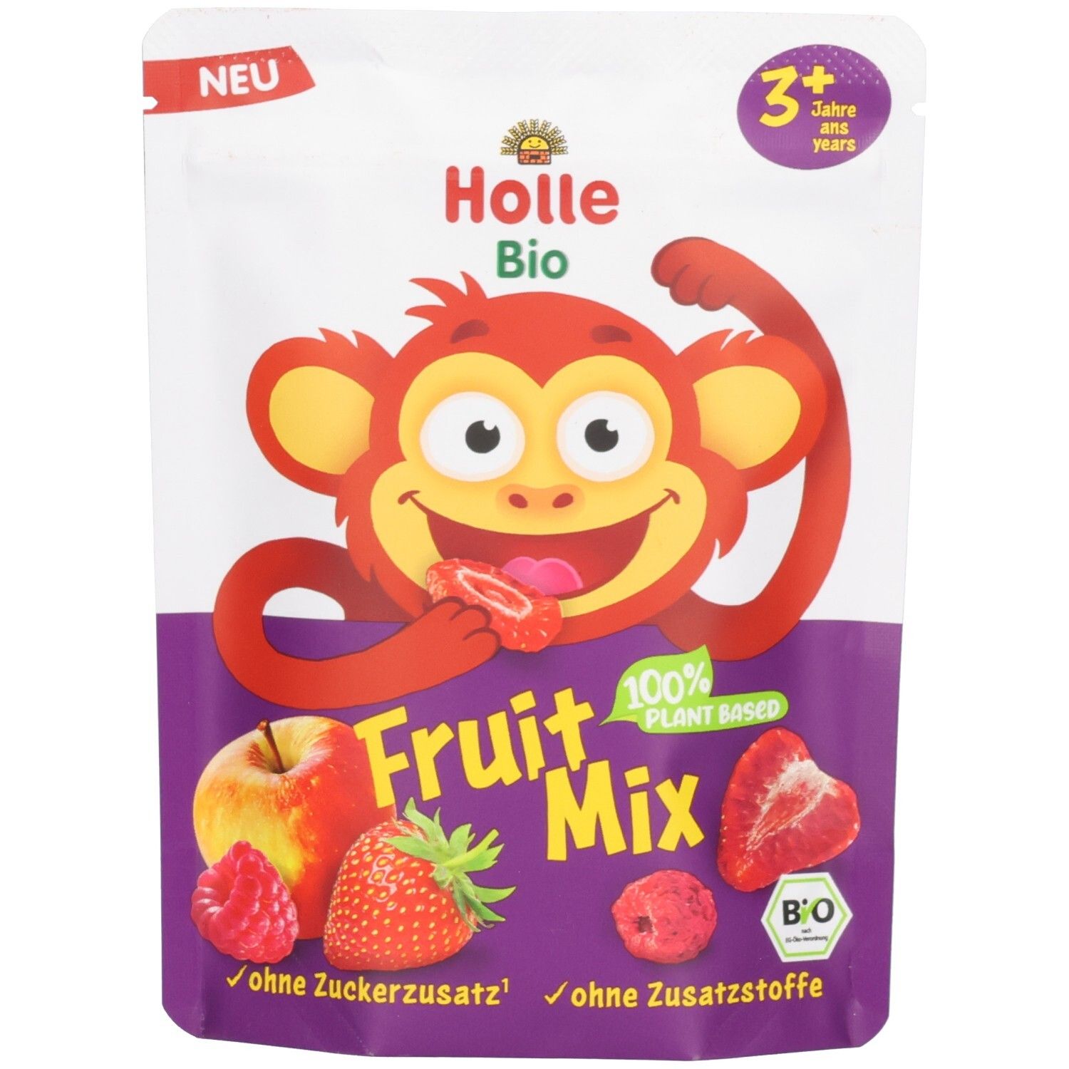 Holle Bio Frucht Mix Beutel mit Affenmotiv. Enthält Apfel, Erdbeere und Himbeere. 100% pflanzlich.