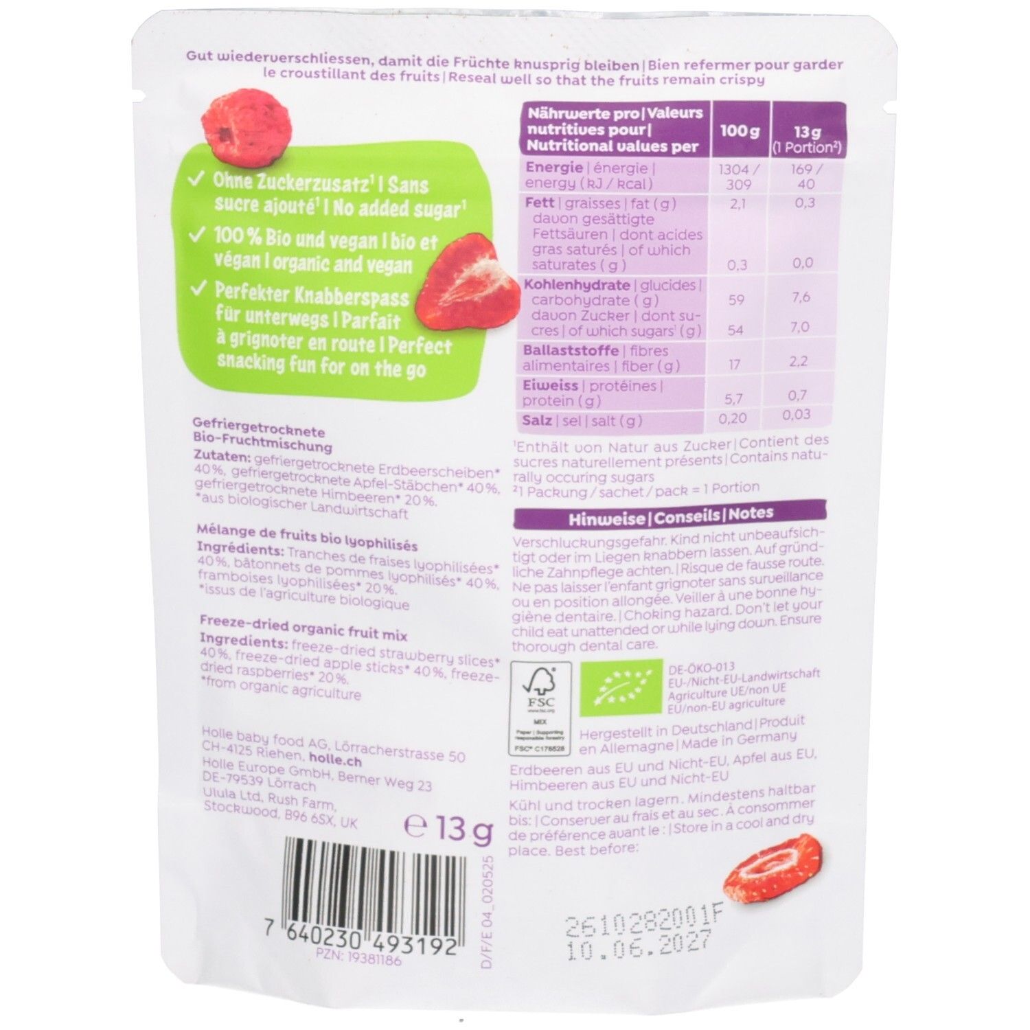 Rückseite des Holle Bio Frucht Mix Beutels. Nährwertangaben und Zutatenliste sichtbar. Bio-Siegel.