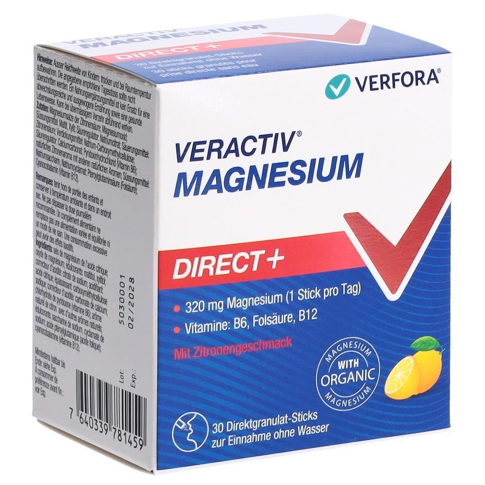 Verfora VERACTIV Magnesium Direct+ Packung. 30 Direktgranulat-Sticks. Mit Zitronengeschmack. Enthält Magnesium, Vitamin B6, Folsäure, B12.