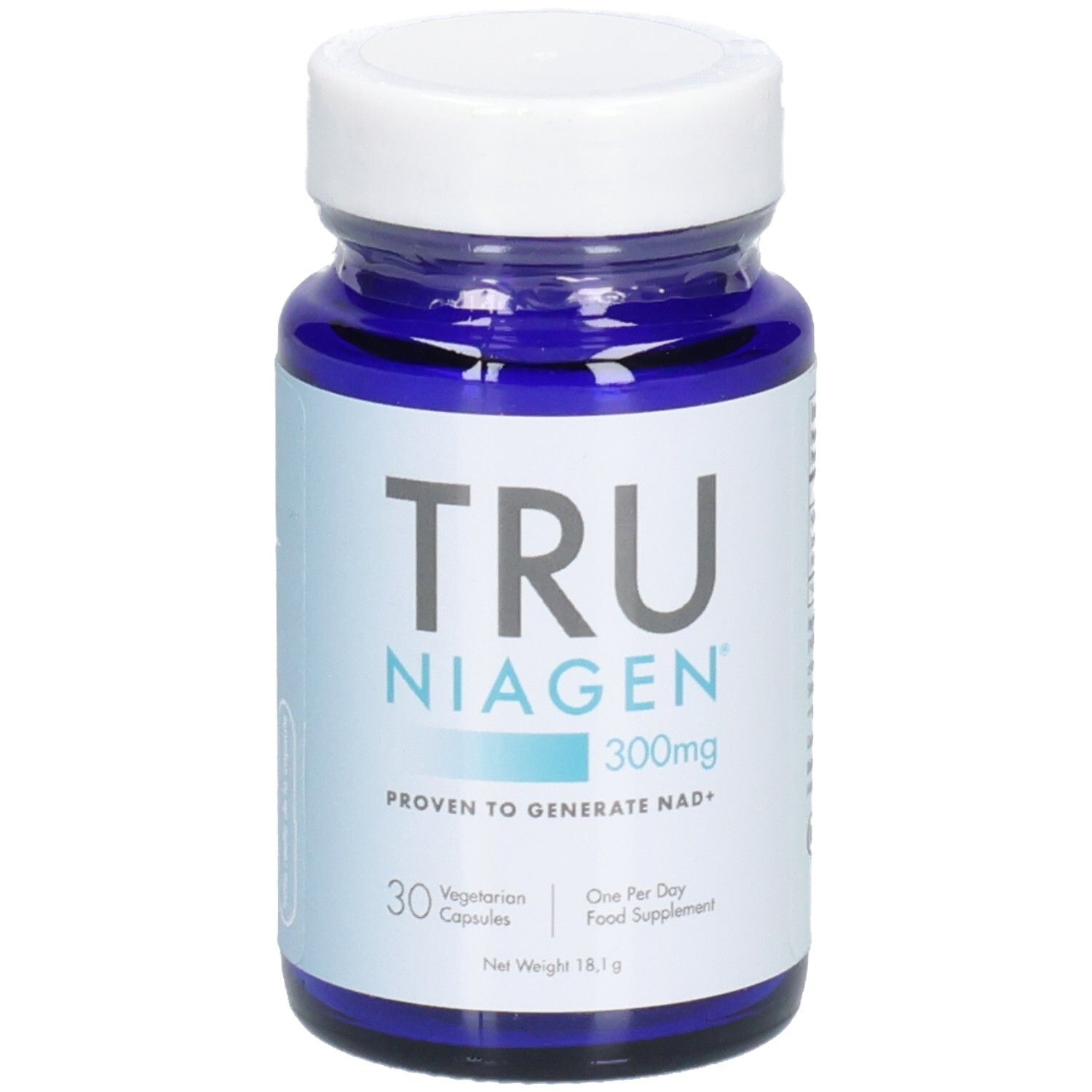 Flacon bleu, bouchon blanc. Inscription: TRU NIAGEN 300mg. 30 gélules végétariennes. Complément alimentaire.